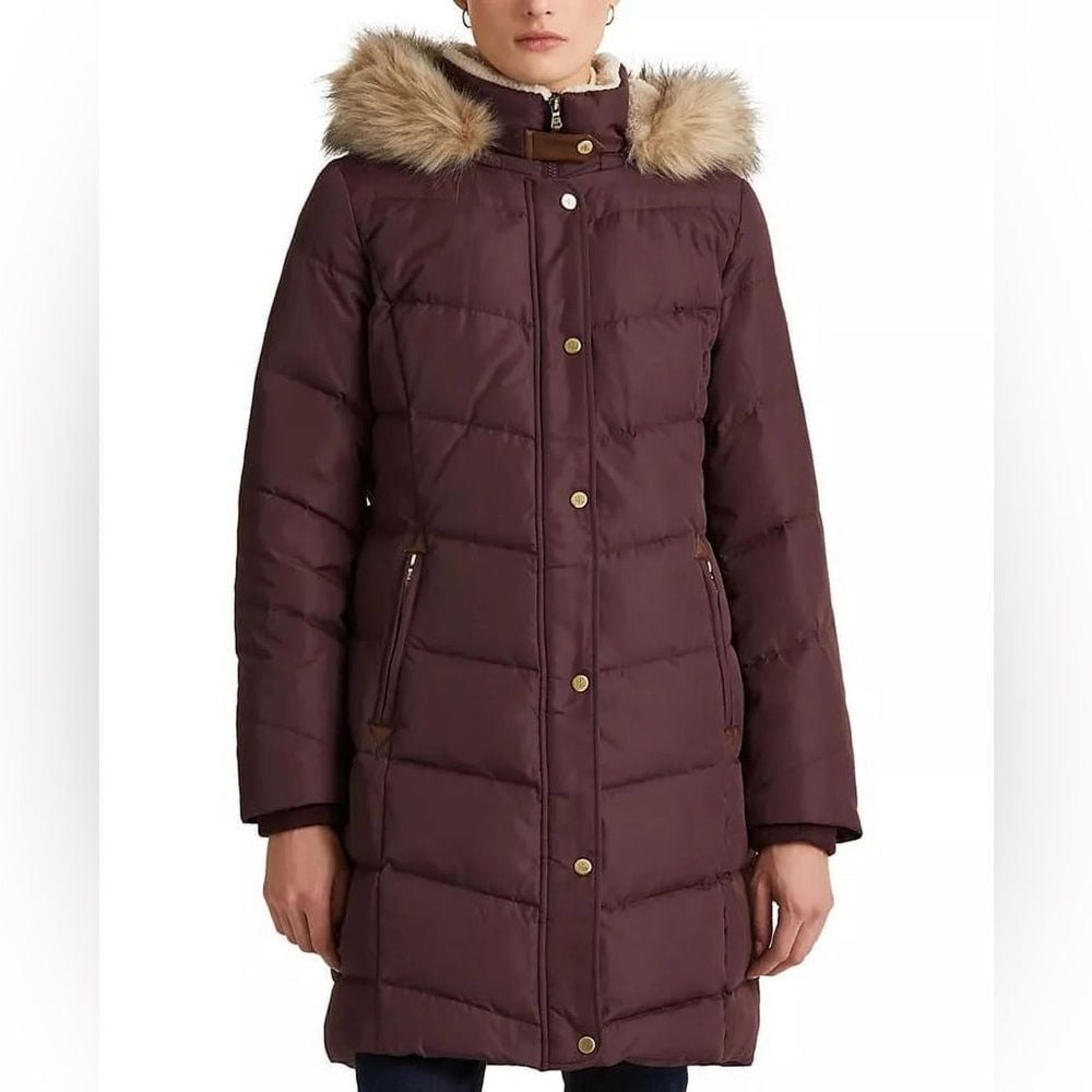 Lauren Ralph Lauren Women's Down Filled Puffer Maroon Long Parka Coat- Small