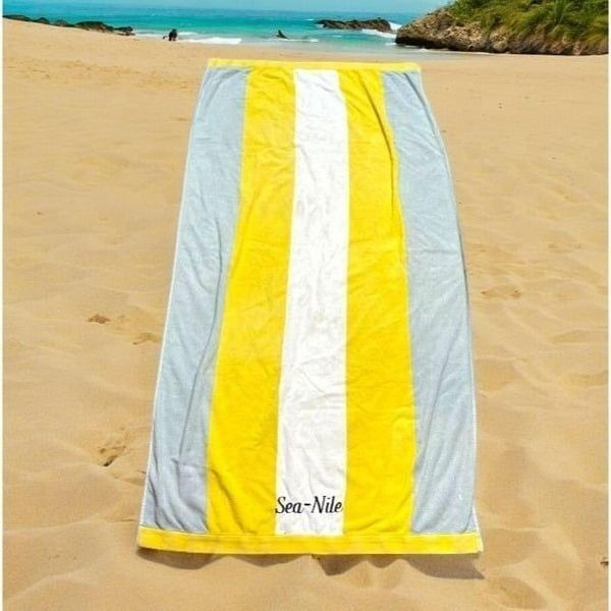 Lands End Vintage Rugby Yellow Striped Beach Towel Sea-Nile Senile Humor 34”x71”