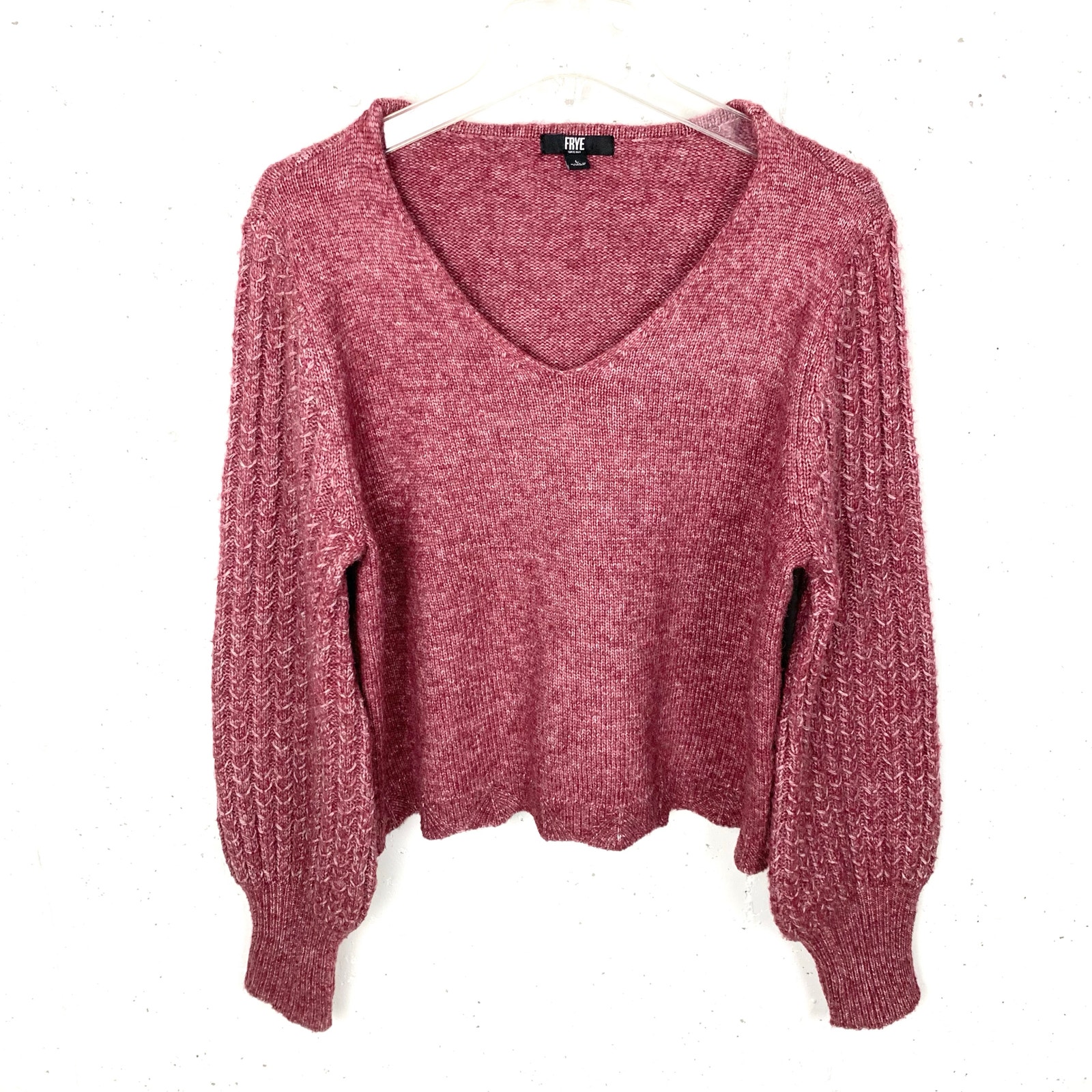 Frye Womens Balloon Sleeve Sweater Wool Blend V-Neck Marled Red Size Large