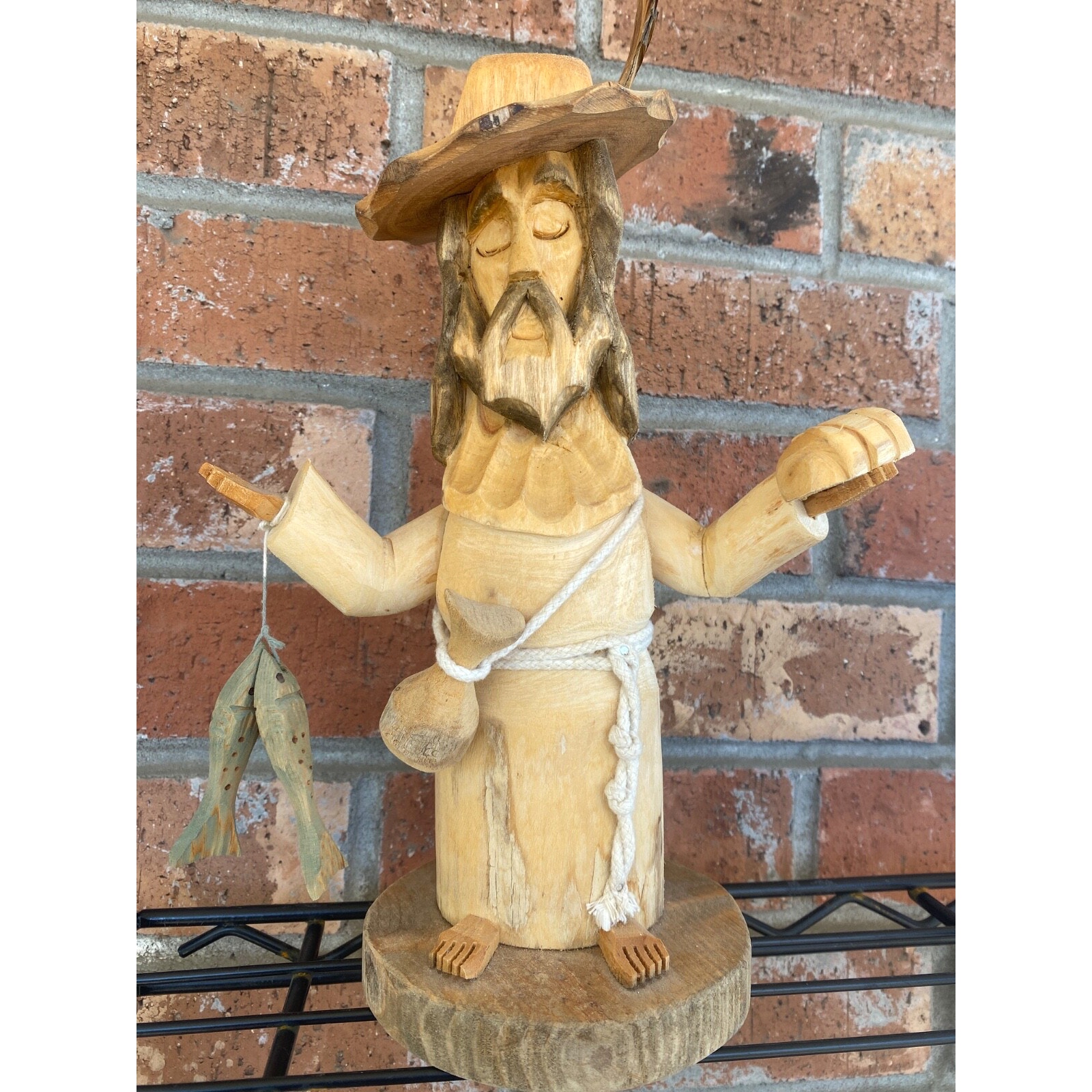 Signed Pete Ortega Folk Art Wood Wooden Sculpture Jesus Loaves and Fishes