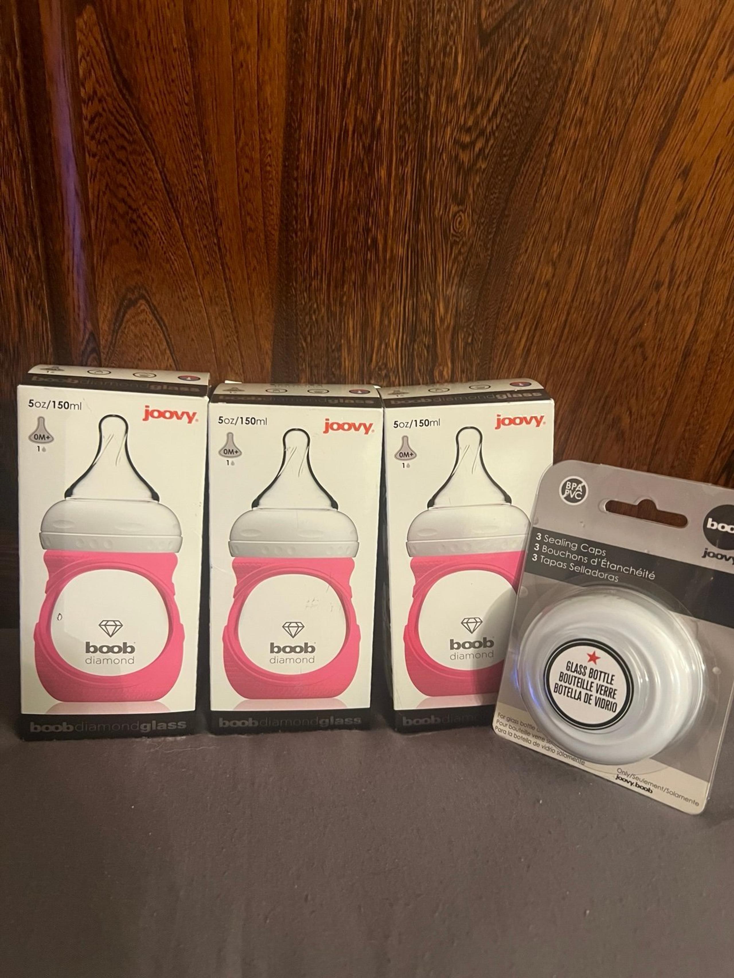 Joovy Diamond 5 oz. Three Pink Glass Bottles & 3 Sealing Caps, new in pkgs