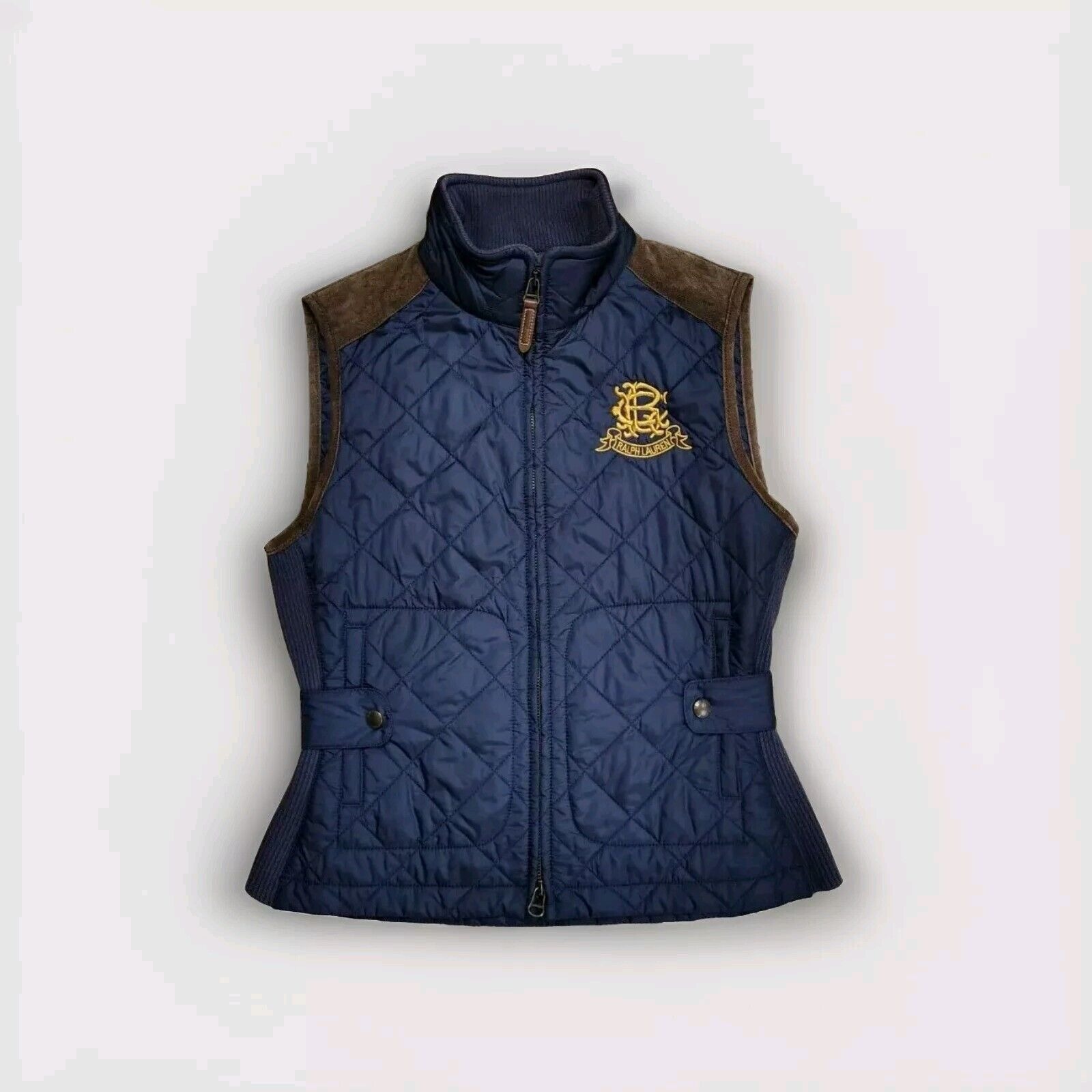 RALPH LAUREN SPORT Vest Womens Medium Blue Quilted Embroidered Calf Suede Crest