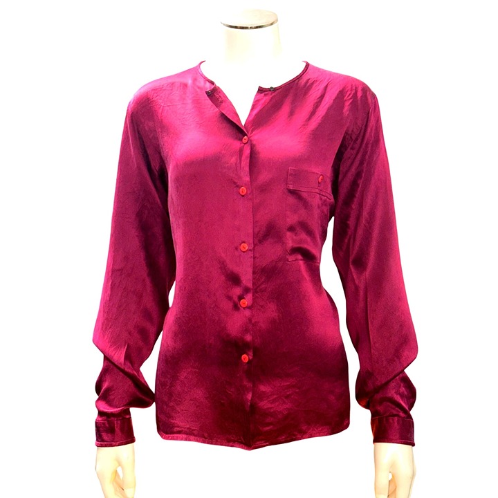 CCC Vintage Silk Button Down Berry Red Shirt Chest Pocket Long Sleeve Elegant 14
