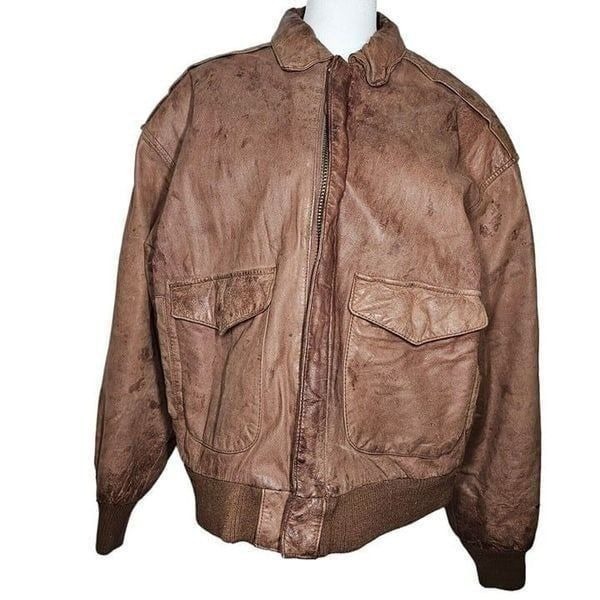 Vintage 80s Leather Bomber Flight Jacket Mens Size Medium Brown Soft