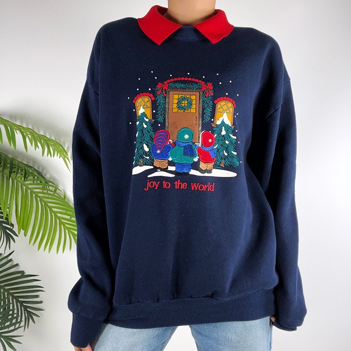 Women's Vintage Blue Holiday Grandmacore Ugly Christmas Oversized Sweater / L