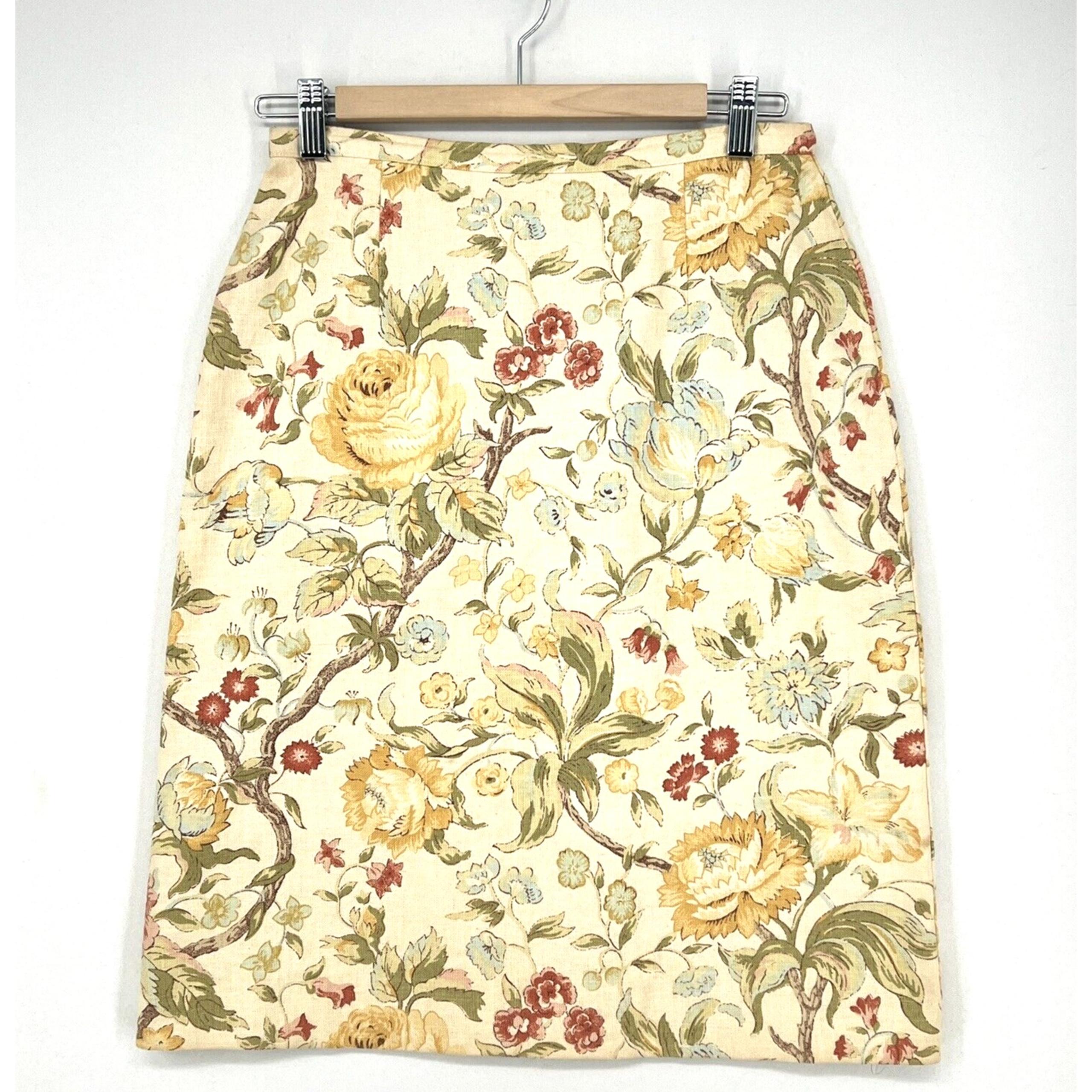 Vtg 90s Laura Ashley Pencil Midi Skirt Yellow Floral Linen Cotton Lined Size 6