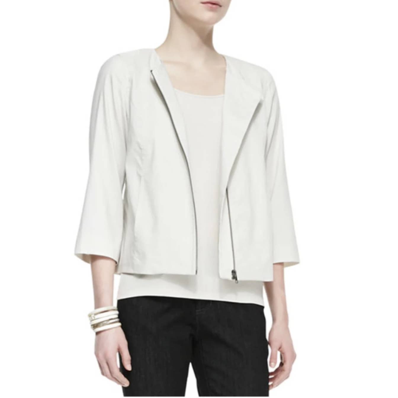 Eileen Fisher Polished Ramie Jacket Large Off White Cream Academia Travel Office