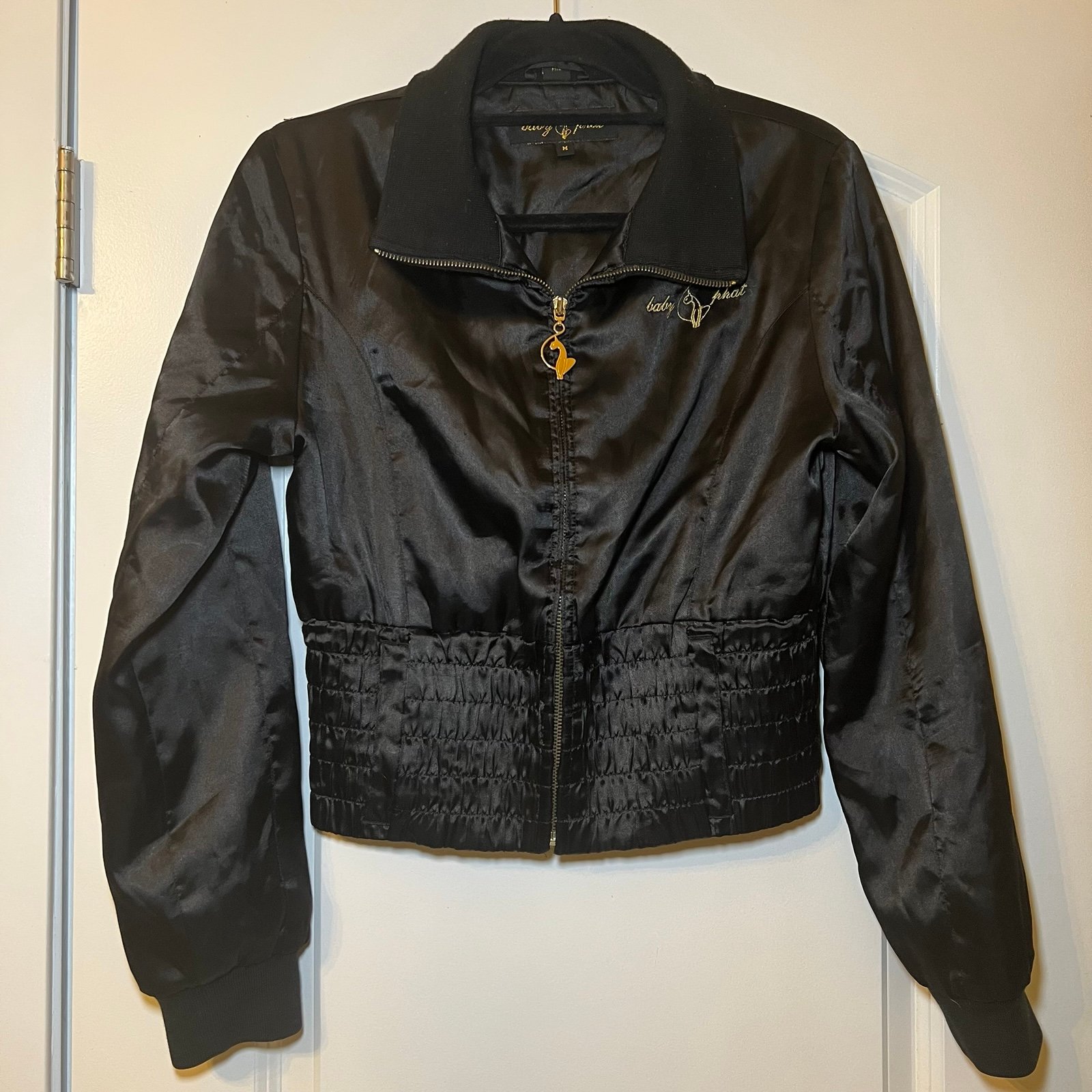 Vintage Baby Phat Y2K Cropped Collared Full Zip Jacket Embroidered Size M Black