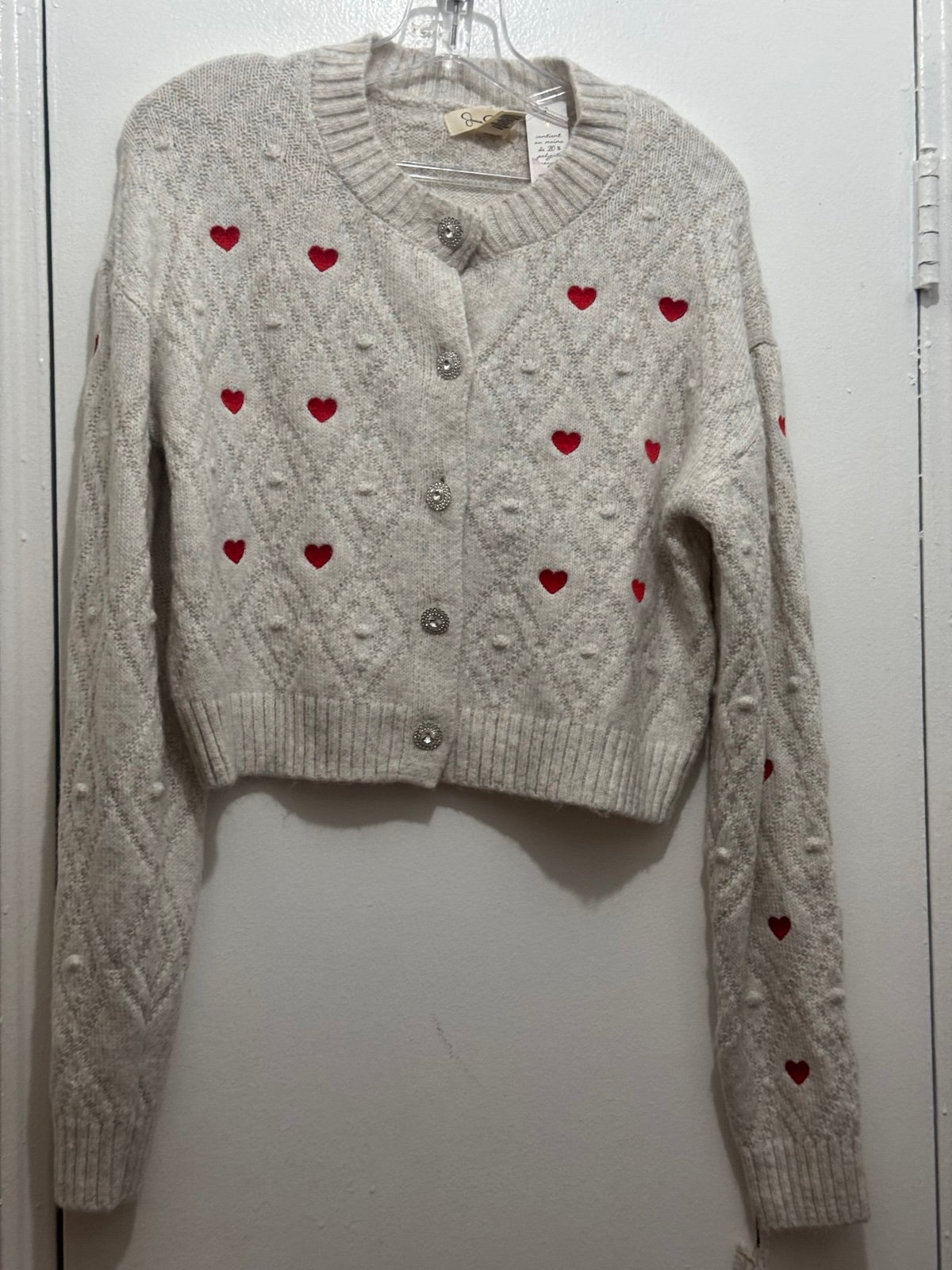 Jessica Simpson bow cardigan with rhinestone buttons size M light grey/red