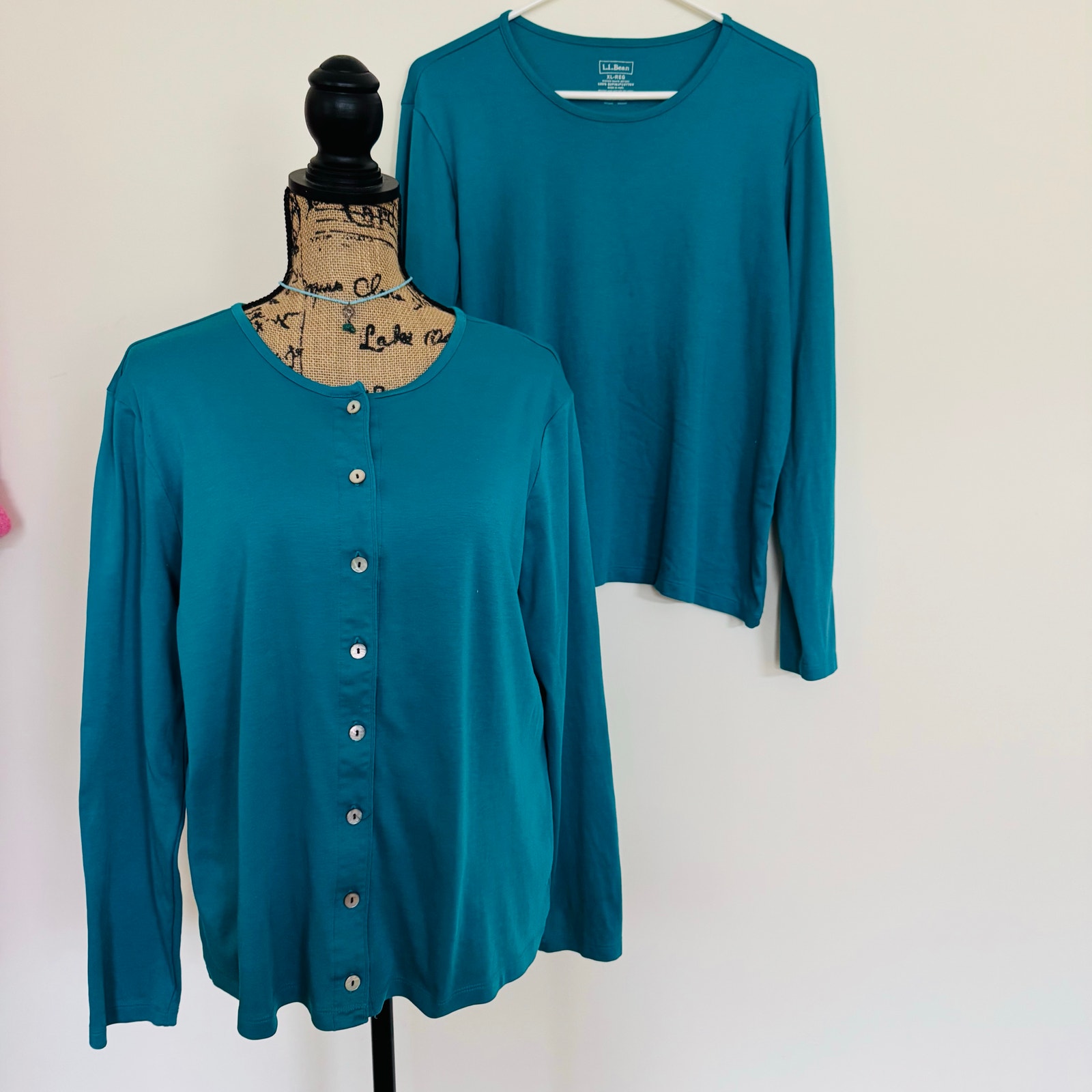 L.L. Bean Supima Cotton Button Cardigan Teal & Long Sleeve Crewneck T Shirt XL