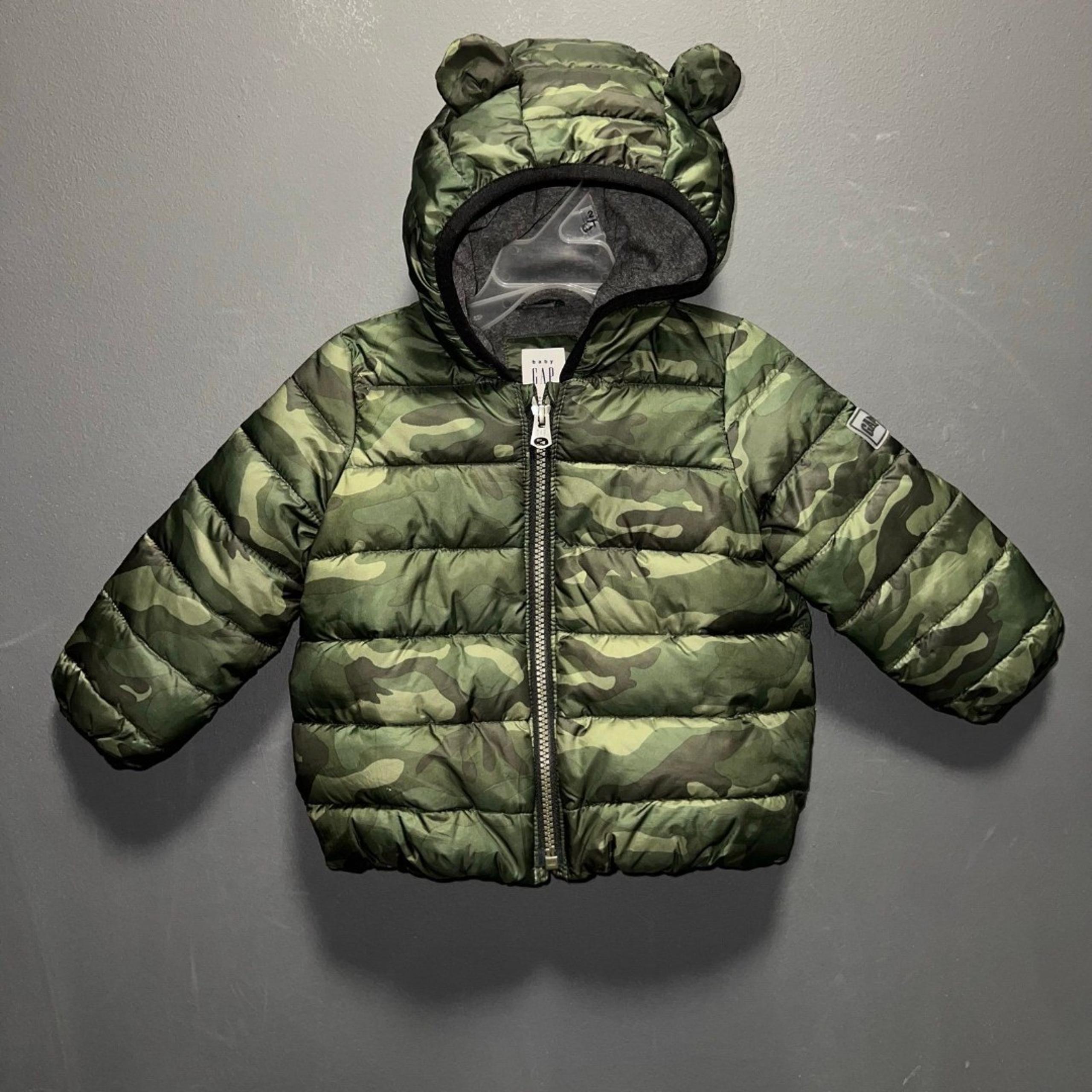 Baby GAP Puffer Jacket Infants 18-24m Camouflaged Bear Ear Hood Primaloft Green