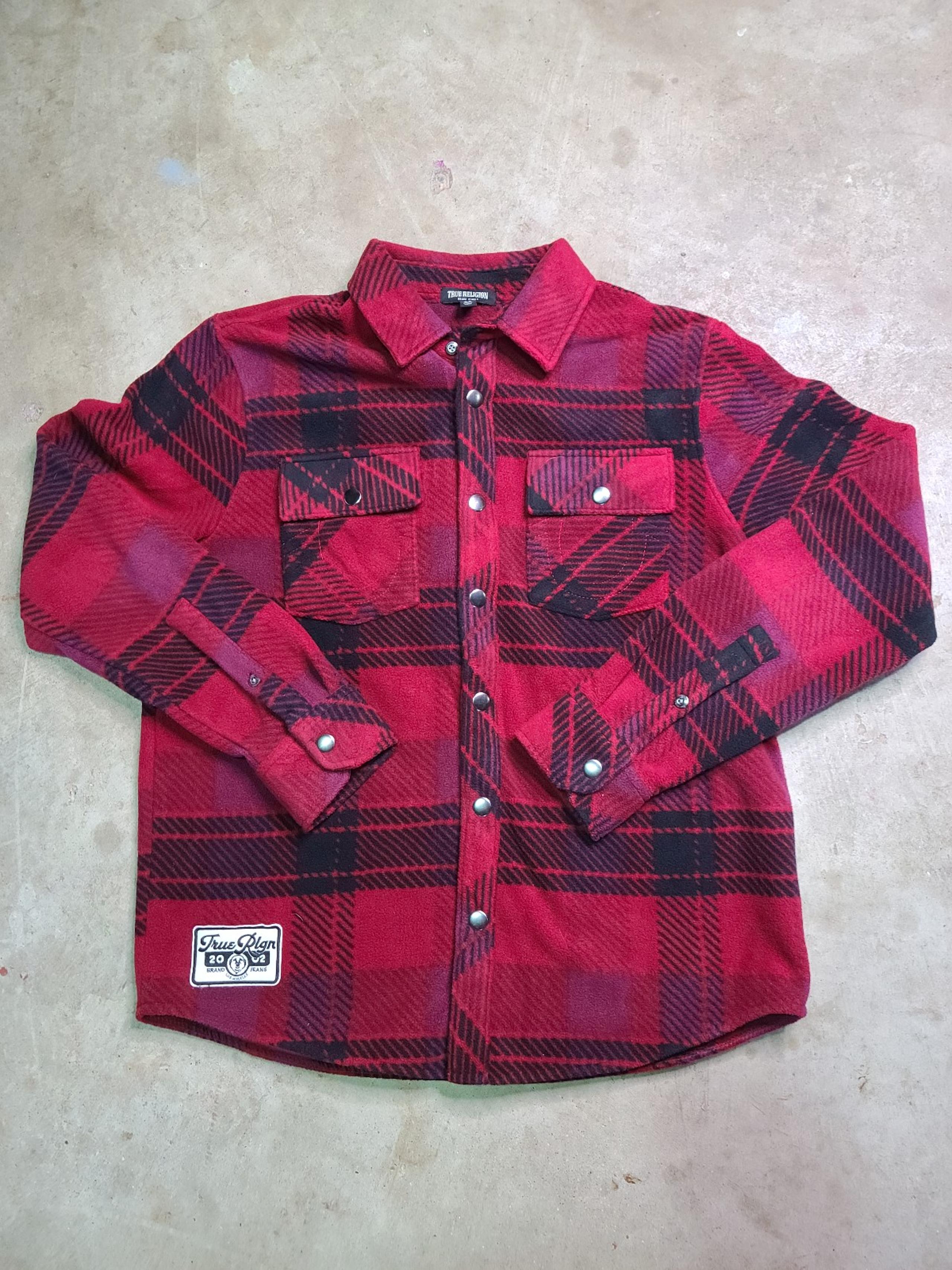 Fleece Plaid Shacket Over Shirt Mens Medium True Religion Red Jecket Snap Button