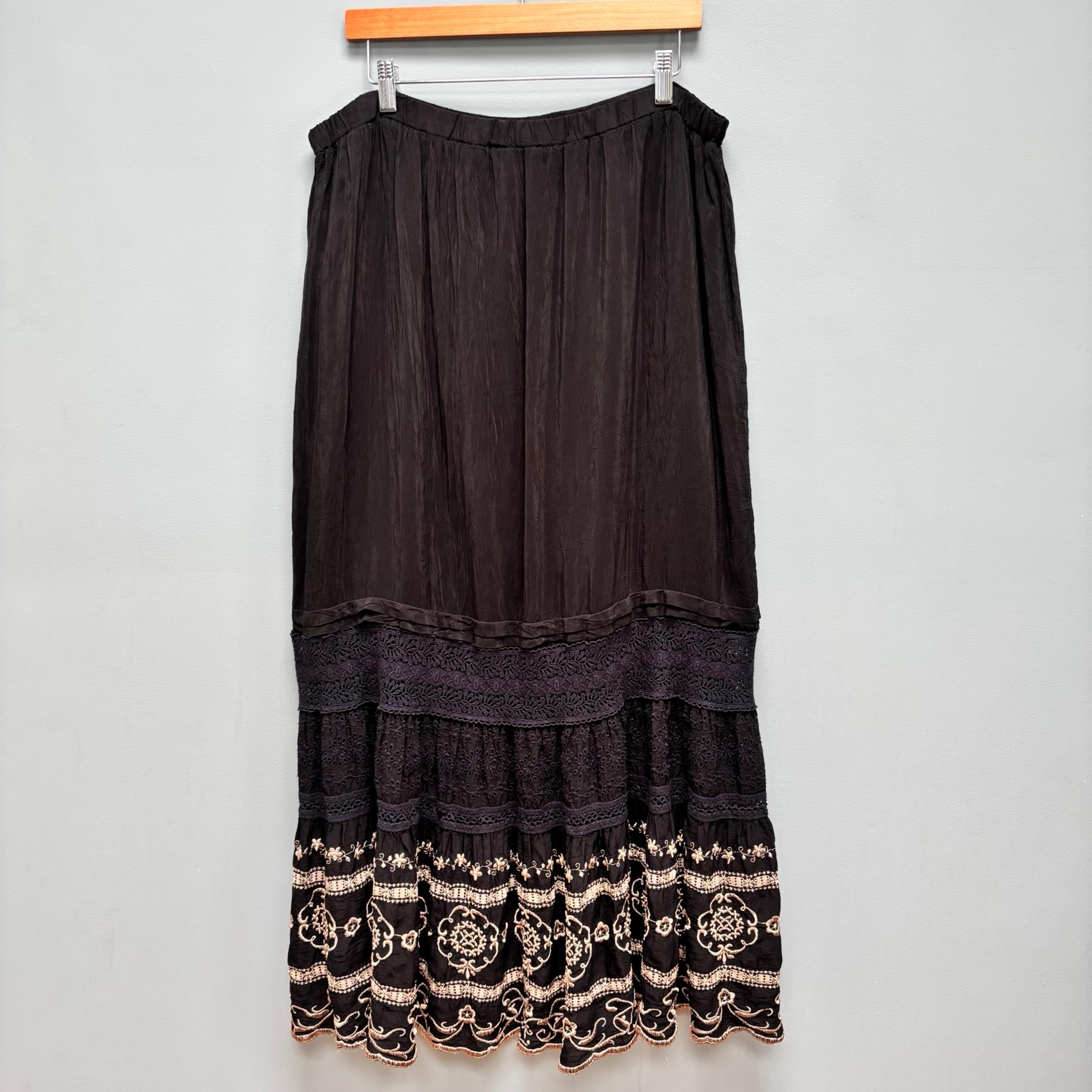 Johnny Was Tiered Black Maxi Skirt with Embroidery L