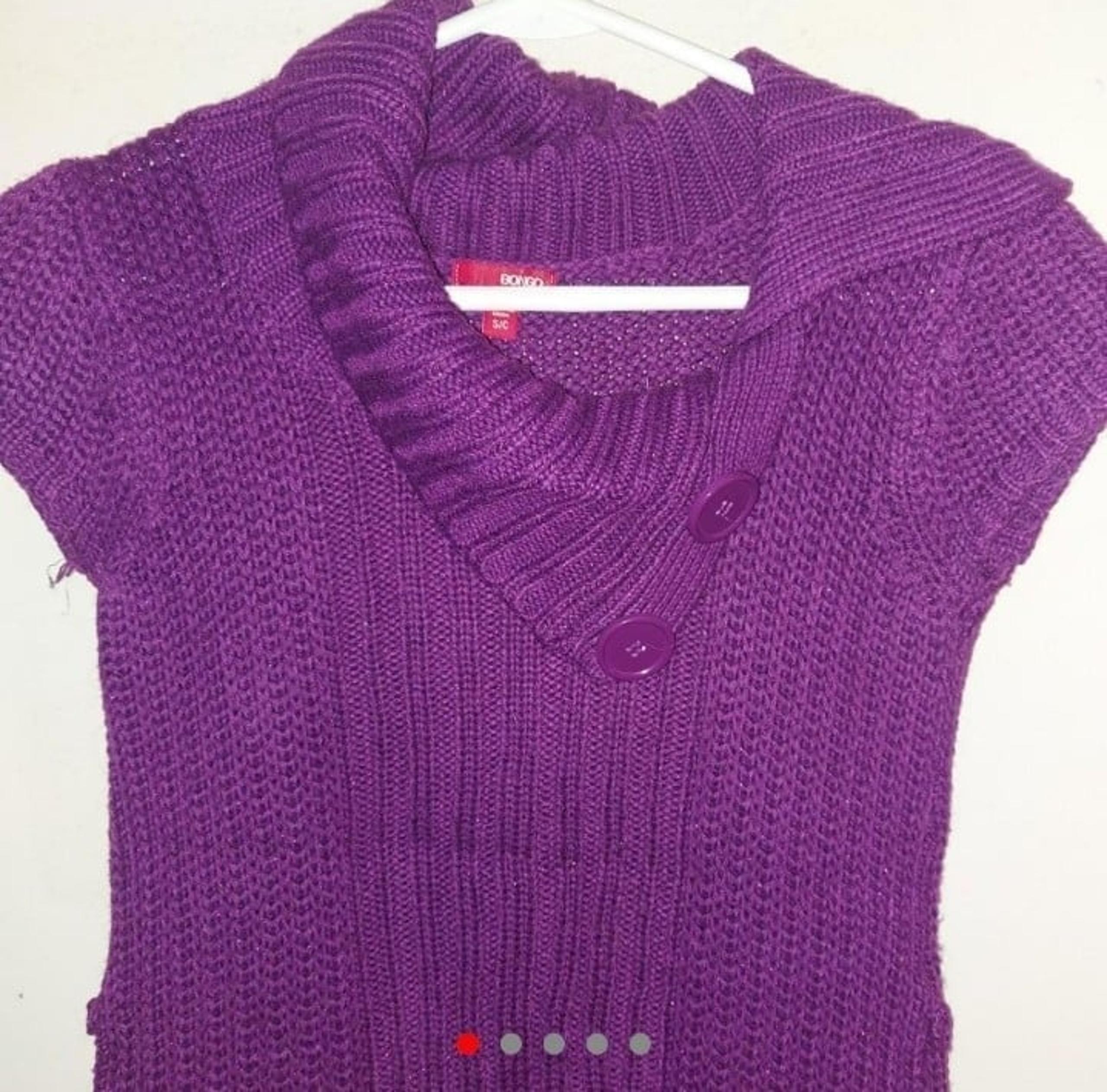 Purple knit glittery short sleeve cowl neck tunic style top