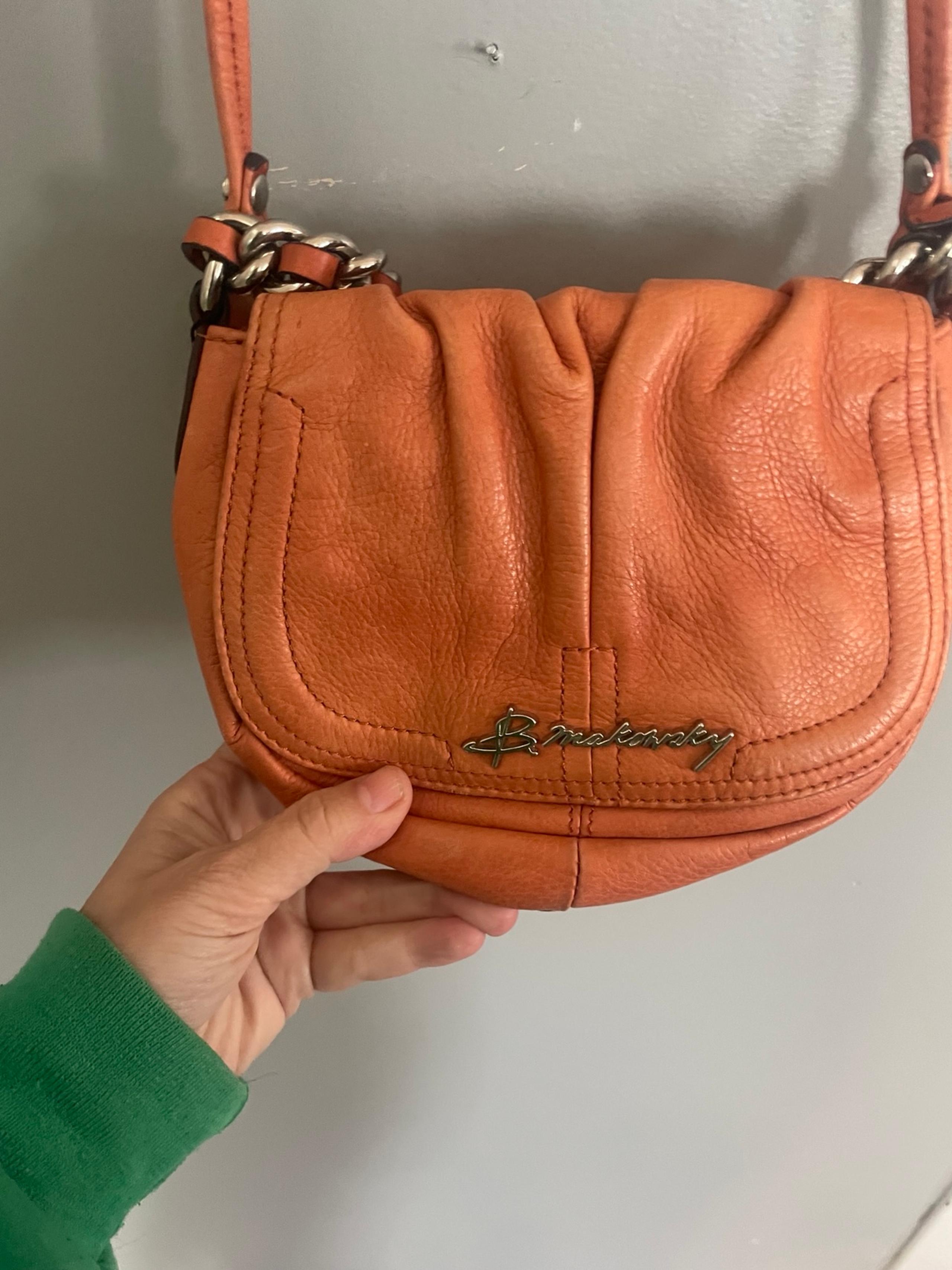 B Makowsky Leather Mini Crossbody Hand Bag Chain Strap Pumpkin/ Burnt Orange