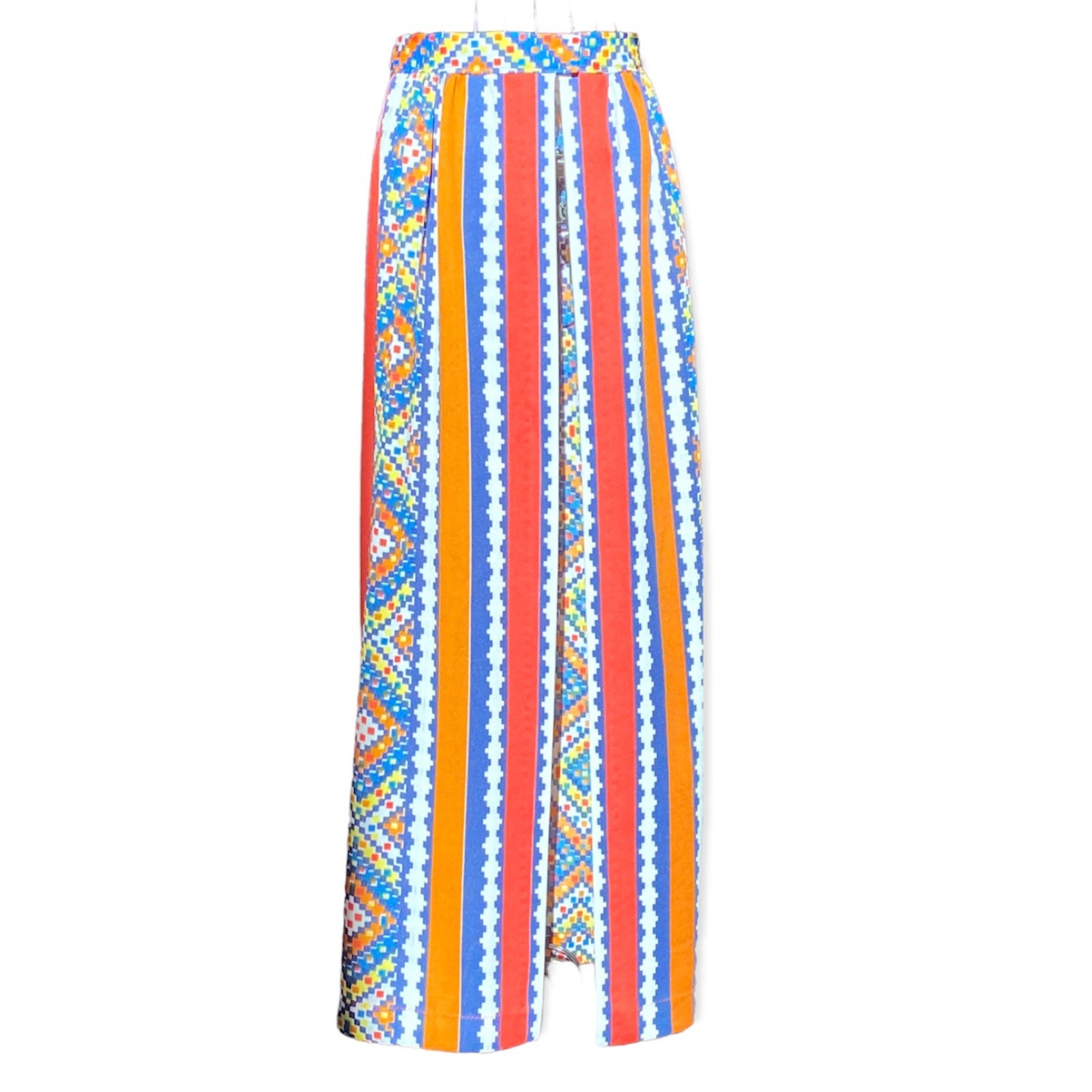 Vintage Handmade Geometric Mosaic Print Swim Coverup Open Slit Maxi Skirt XS