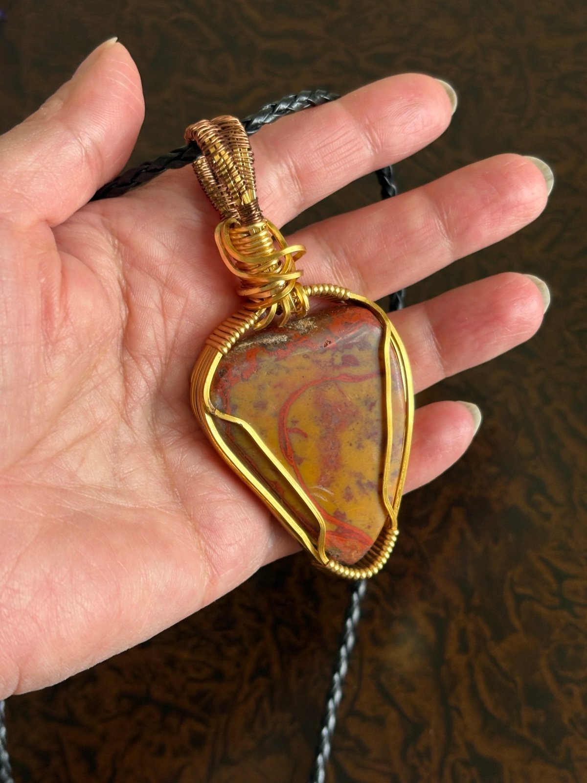 Wire-Wrapped Petrified Wood Stone Pendant Necklace Gold-Plated Handmade Jewelry
