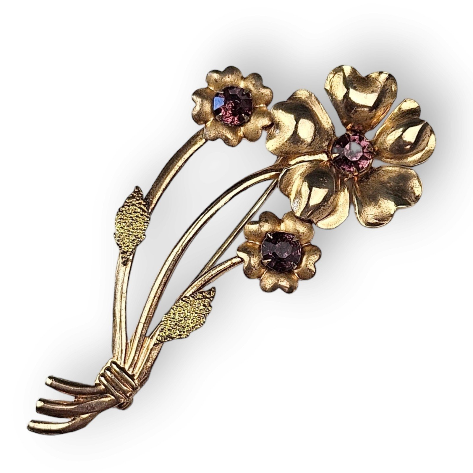 Art Nouveau Brooch Flower Spray Gold Filled Purple Rhinestone Vintage 1930s 2.5