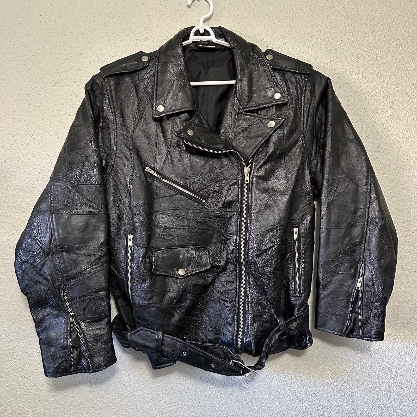 Flight Path Vintage 90s Black Stitch Pattern Motorcycle Biker Jacket - Medium
