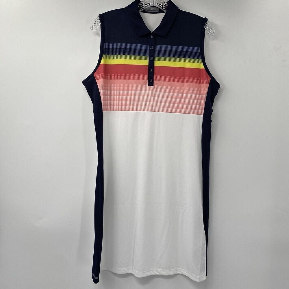 Callaway Women Large White Multicolor Opti-Dri UPF Collared Golf Dress NEW