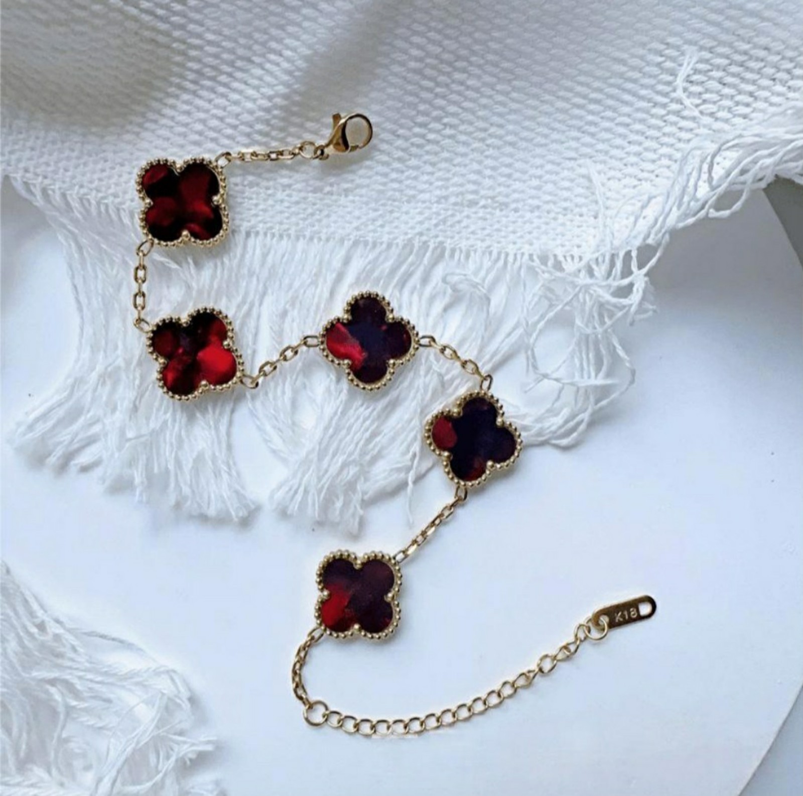 18K Gold Clover Bracelet Carnelian Red mother of pearl 5 motifs reversible 15mm
