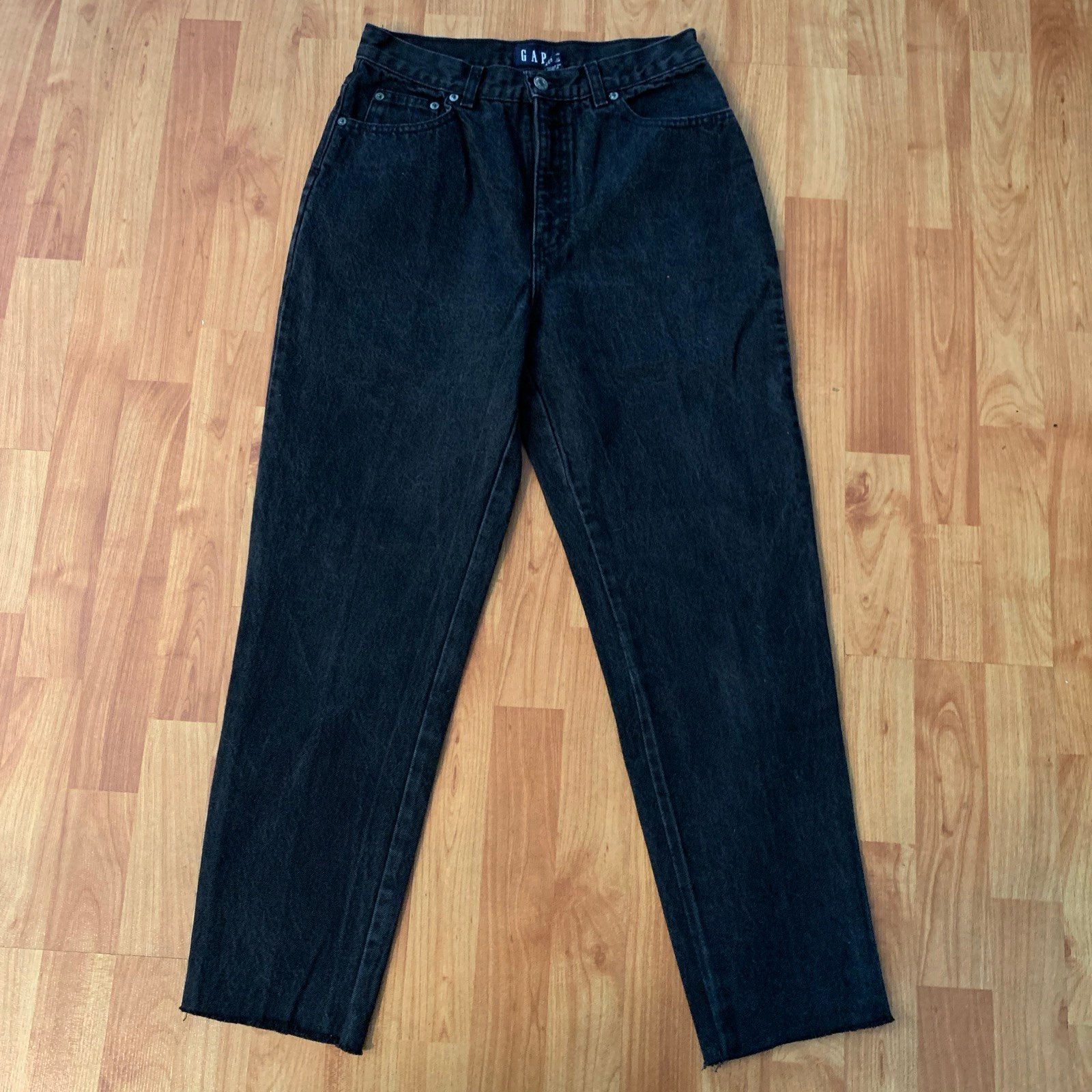 Vintage 90s Gap Jeans Denim Black 11/12 Waist 27 Mom High Waist Y2K Raw Hem