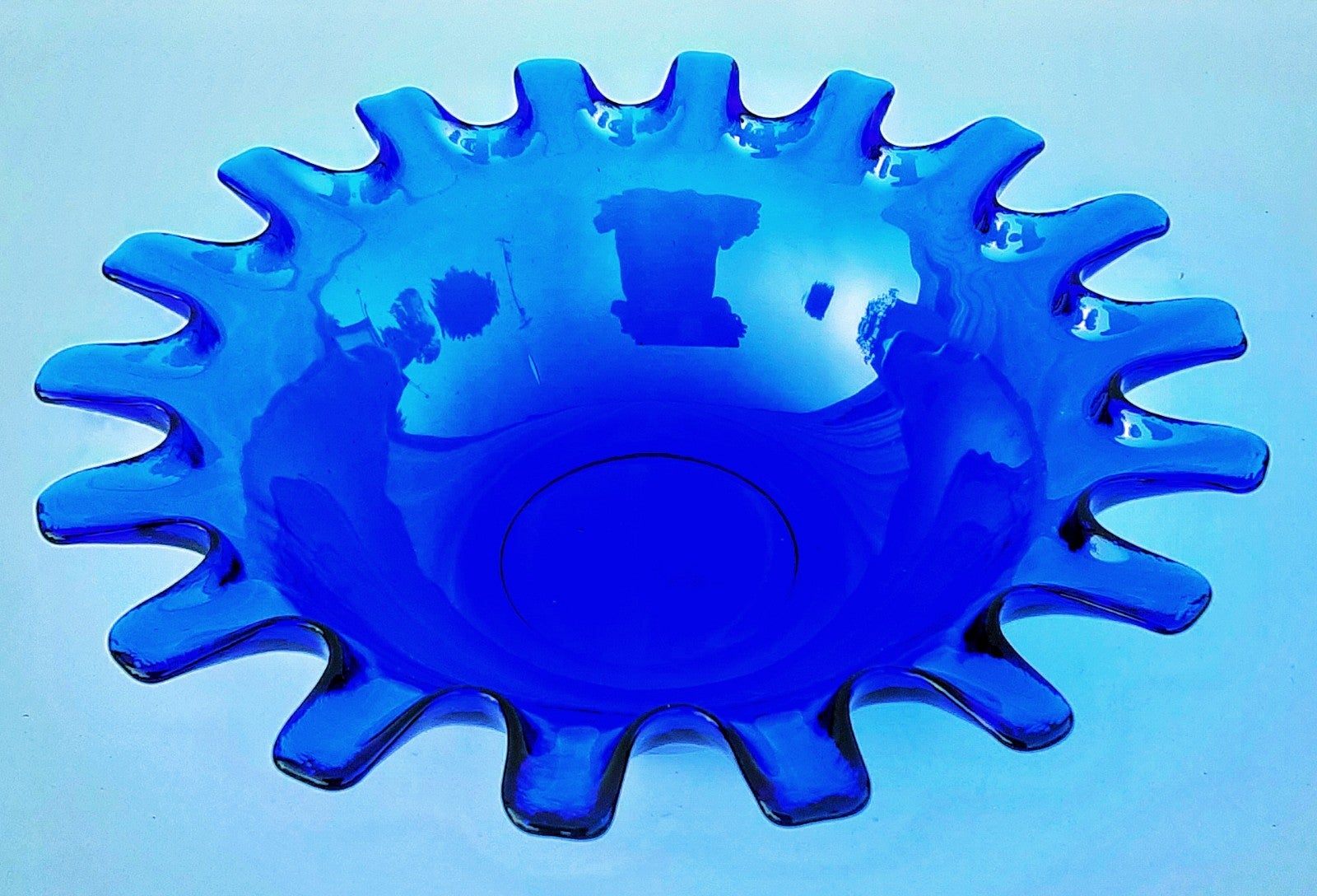 Cobalt blue glass gear toothed edge MCM art glass 11x3 bowl