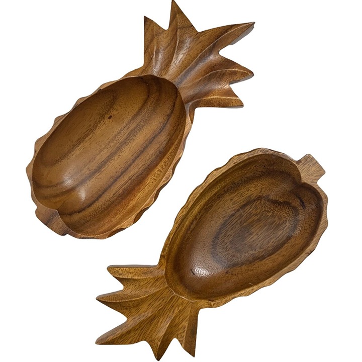 Vintage Wood Bowl Pineapple Shaped Wooden Decor Set of Two Retro Tropical Dish