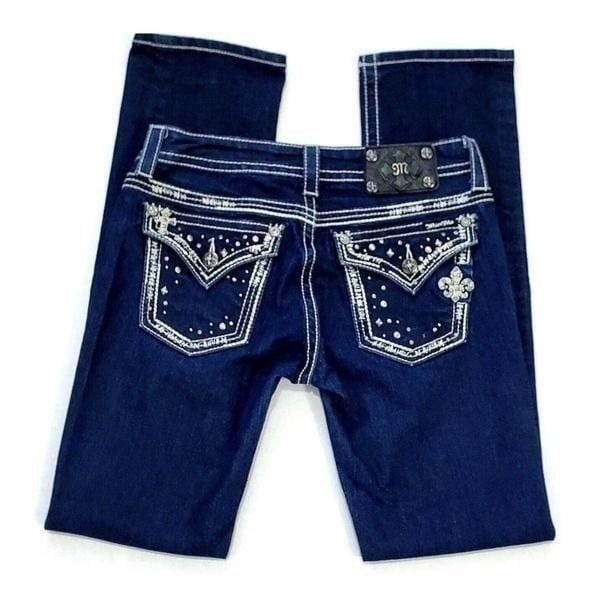 Miss Me Jeans 28x29 Rhinestone Rivet Flap Bling Fleur de Lis Pocket Slim
