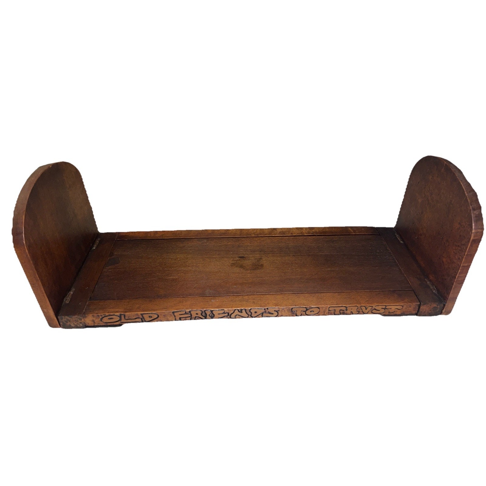 Vintage Folk Art FOLDING BOOK RACK, hand-carved wood, extendable slogans profile