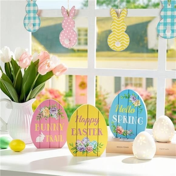 3Pcs Easter Egg Table Wooden Signs, 7.50 H Happy Easter Block Decorations