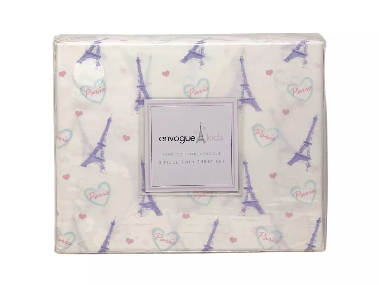 ENVOGUE Kids TWIN Soft Cotton Percale Paris Love Eiffel Tower & Hearts Sheet Set