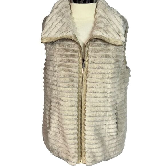 Calvin Klein Women's Beige Ribbed Faux Fur Vest Size L Zip Front