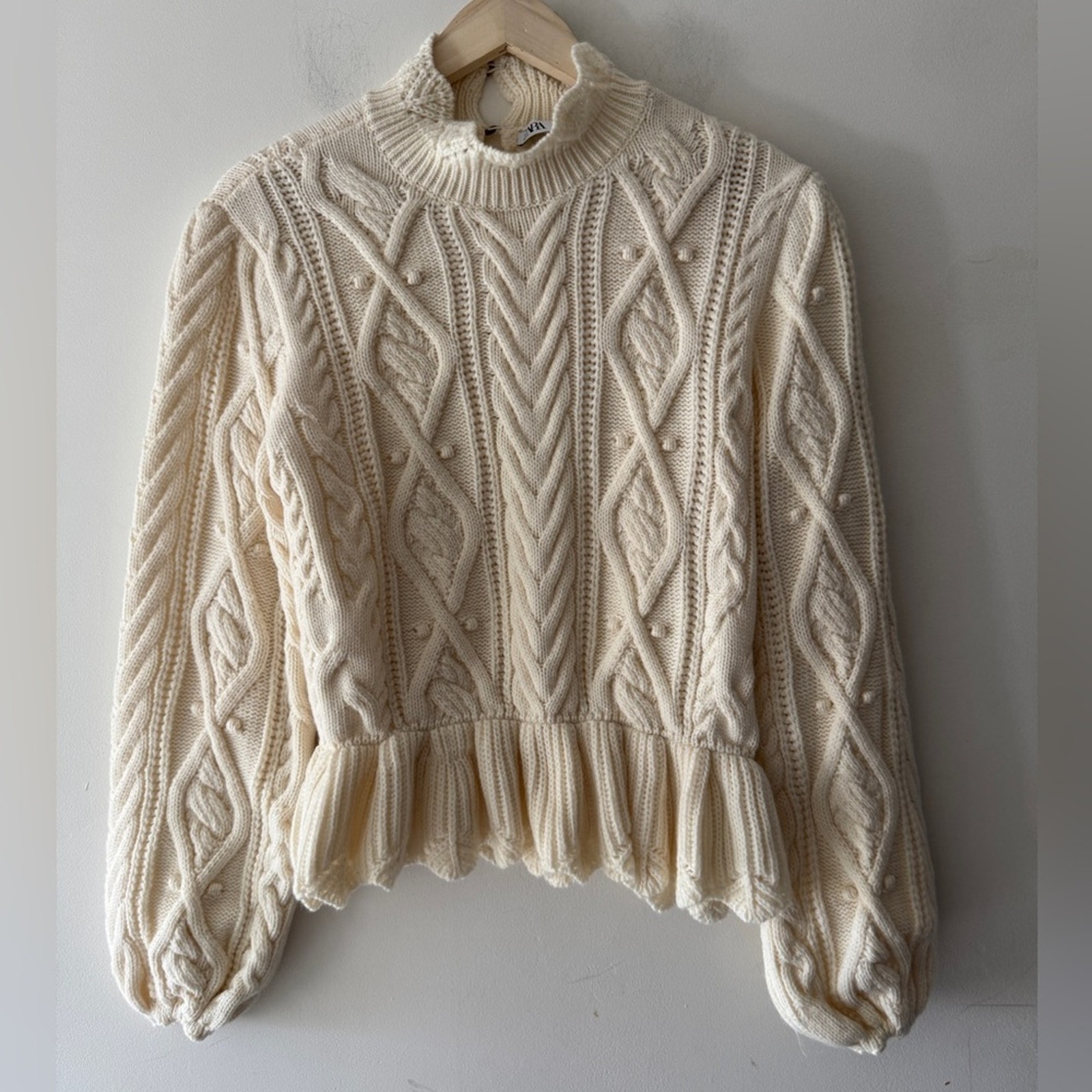 Zara Cream Cable Knit Peplum High Neck Wool Blend Sweater