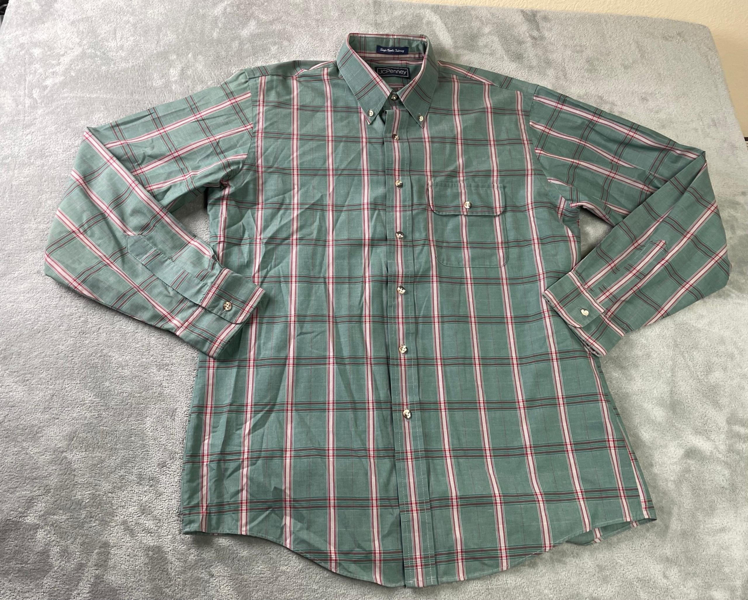 Vintage JCPenney Shirt Men’s L Long Sleeve Button Down Plaid Green Shade, Red
