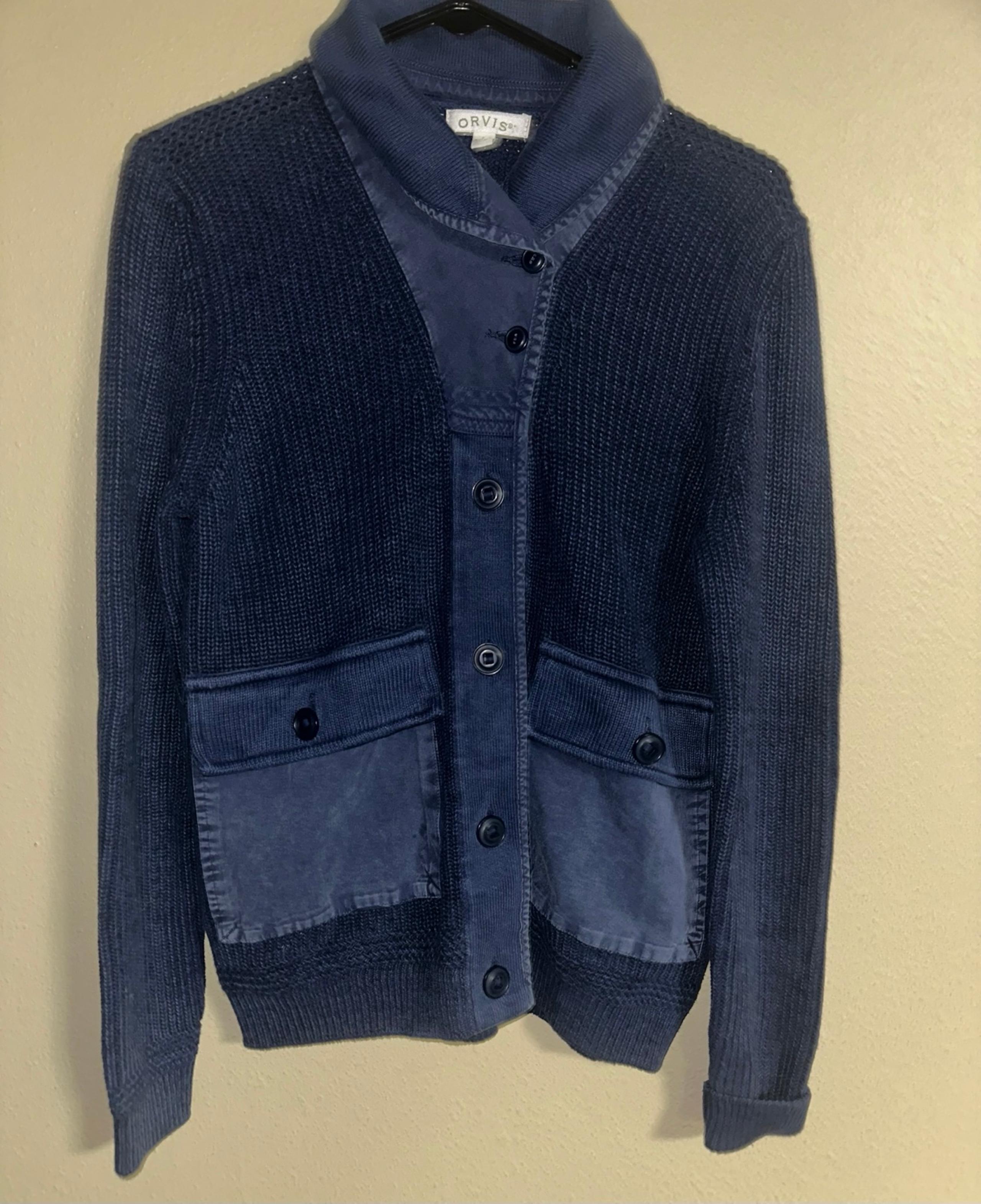 Orvis Sweater Mens small Blue Hawker Shawl Knitted Cardigan Military Chore