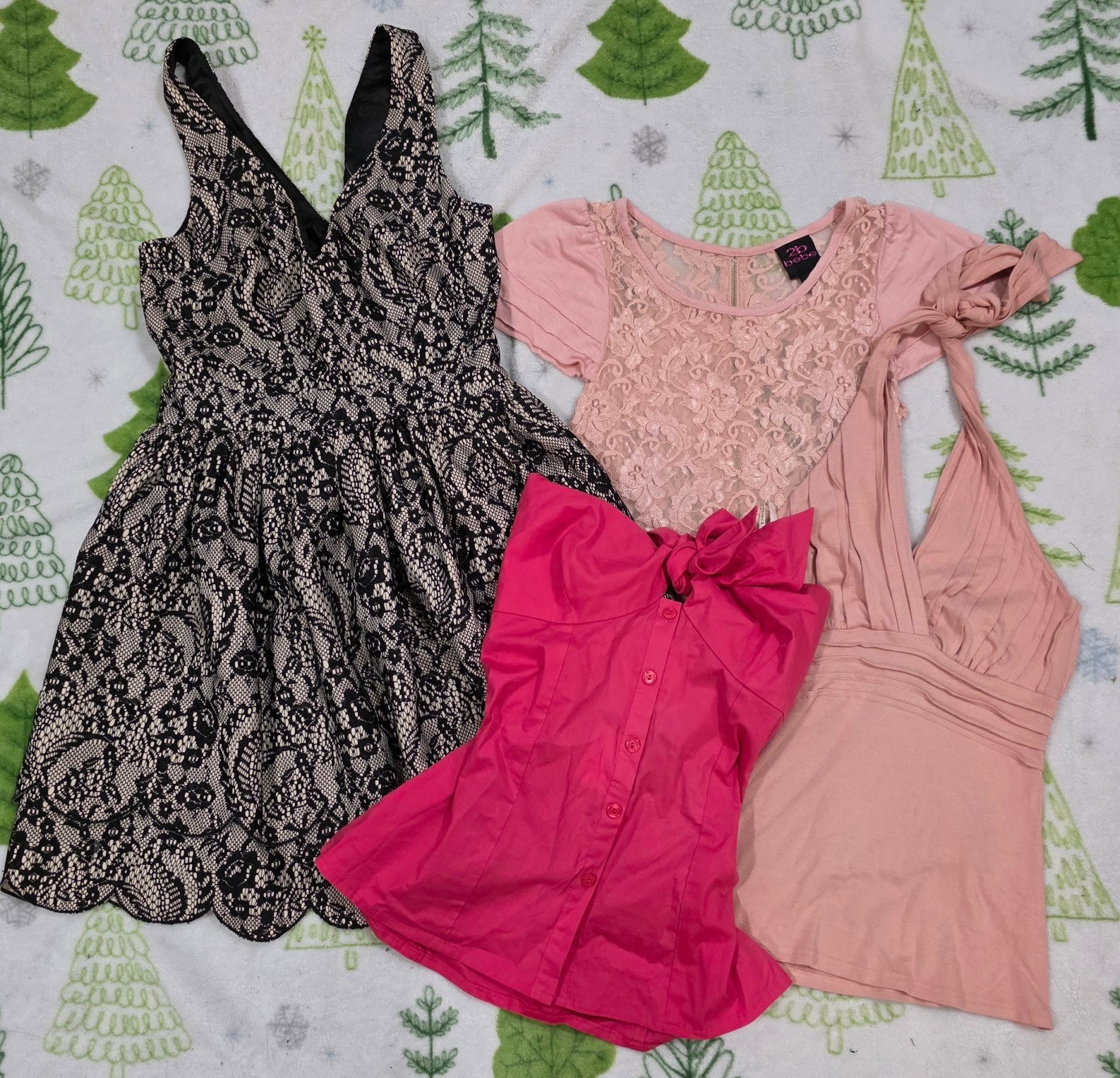 Y2K Vintage Bebe Pink lace see through top & pink halter top/dress bundle