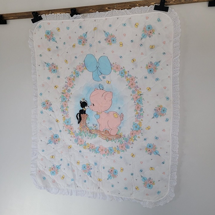 Vintage Precious Moments Baby Blanket Comforter Quilt Pig Skunk 45 × 35” SAM B