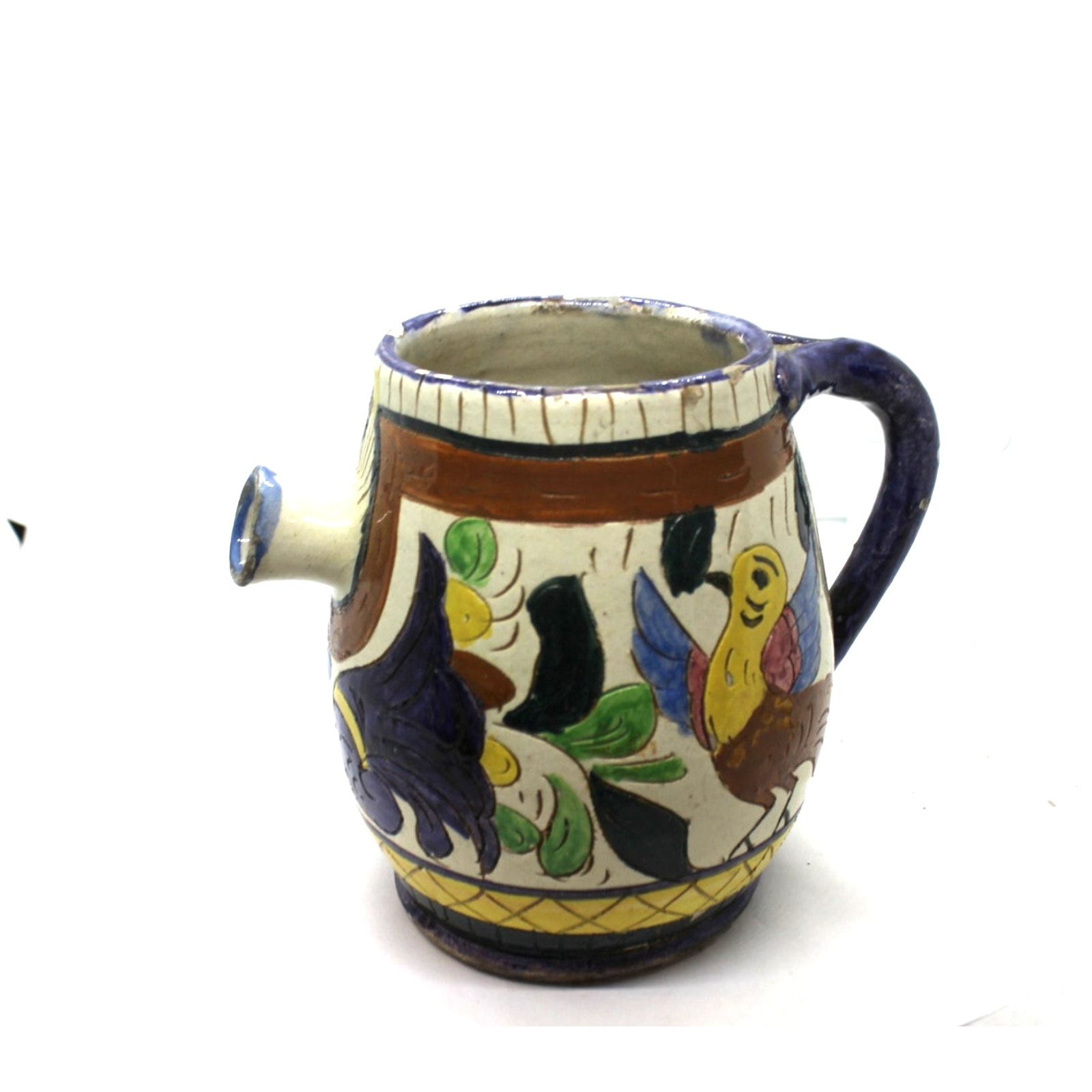 Italian Antique Pottery Water Pitcher w/ Bird Design