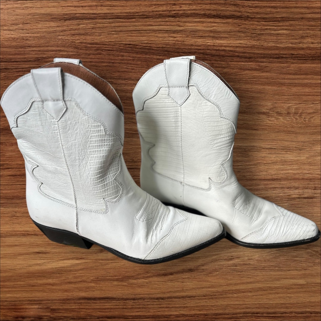 EUC Sabree Brazilian White Leather Western Mid Calf Cowgirl Boots Fits 7 Or 7.5