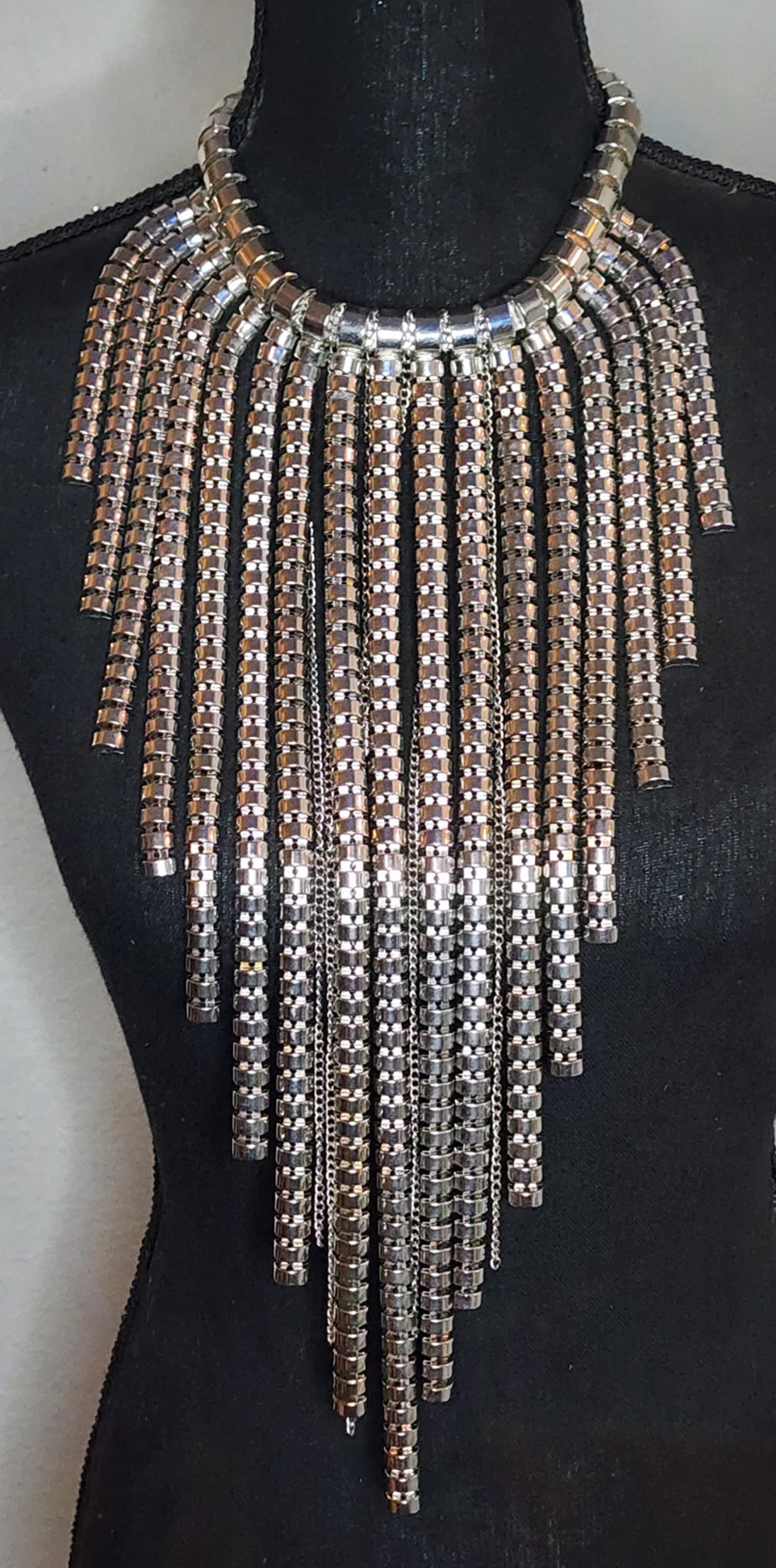 Vtg Lucia Large Dangle Tassel Statement Silvertone Signed Necklace NWOT