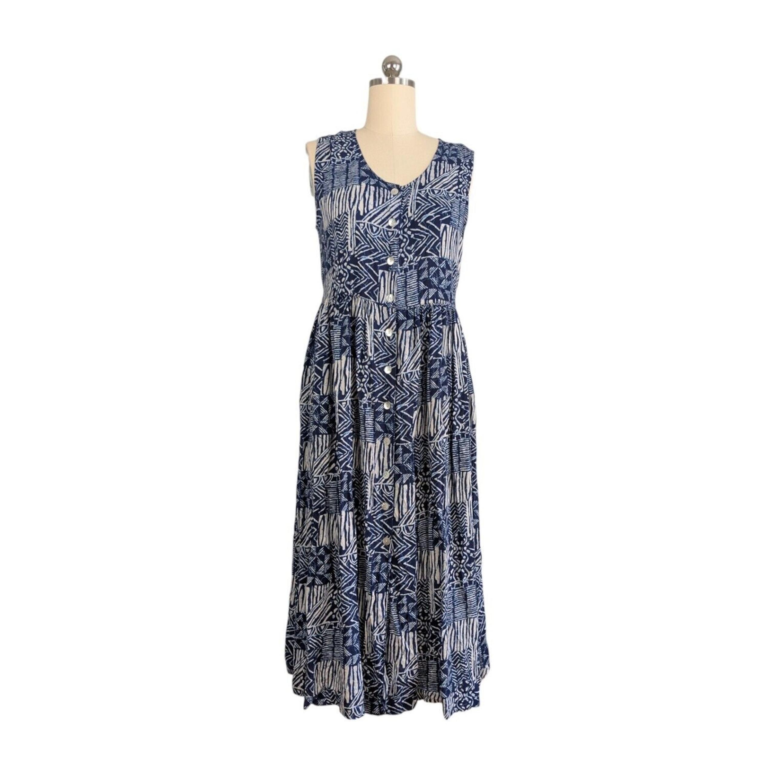 Karen Scott Maxi Dress Tropical Beachy Button Tie Back Sleeveless Blue White L