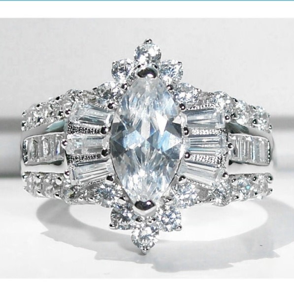 Size 8, 925 Sterling Silver Majestic Marquise & Baguette Cubic Zirconia Ring