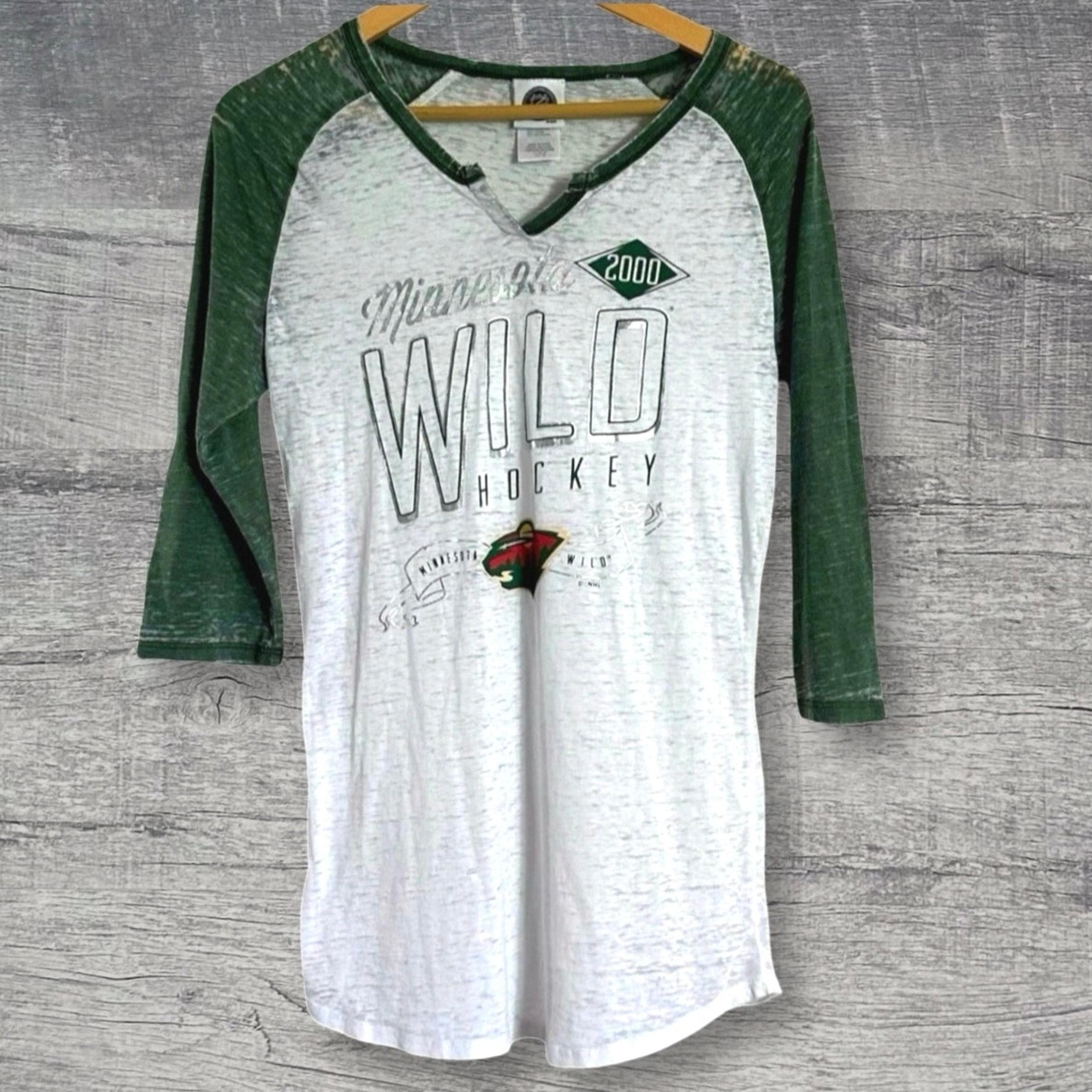 NHL Minnesota Wild Burnout T Shirt 3/4 Sleeve Juniors L 11/13 White Green Hockey