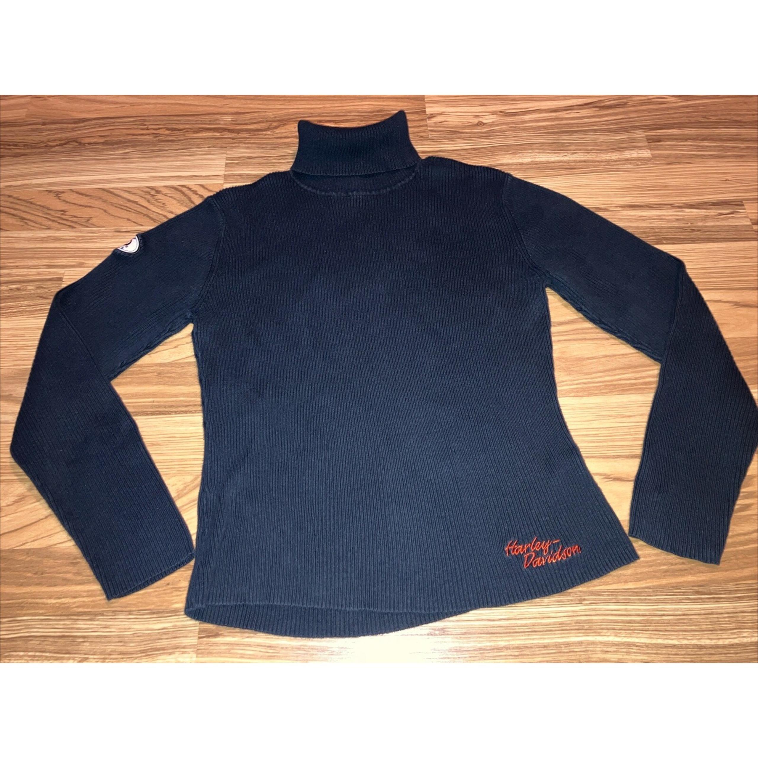 Harley-Davidson Turtleneck Black Sweater Womens Large Orange Logo 100% Cotton