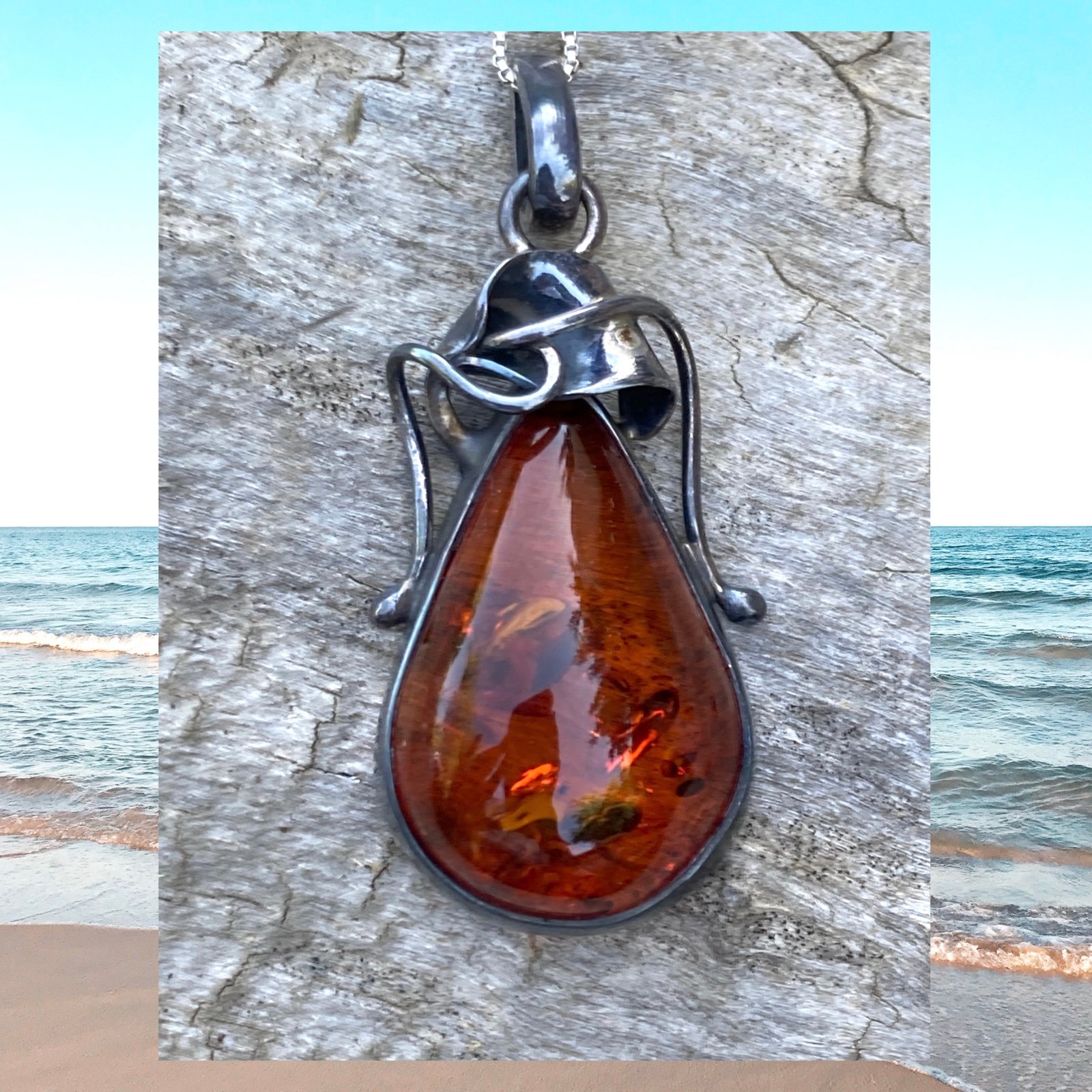 Vintage Baltic Amber Silver Art Deco Tulip Drop Pendant Poland 925 Sterling