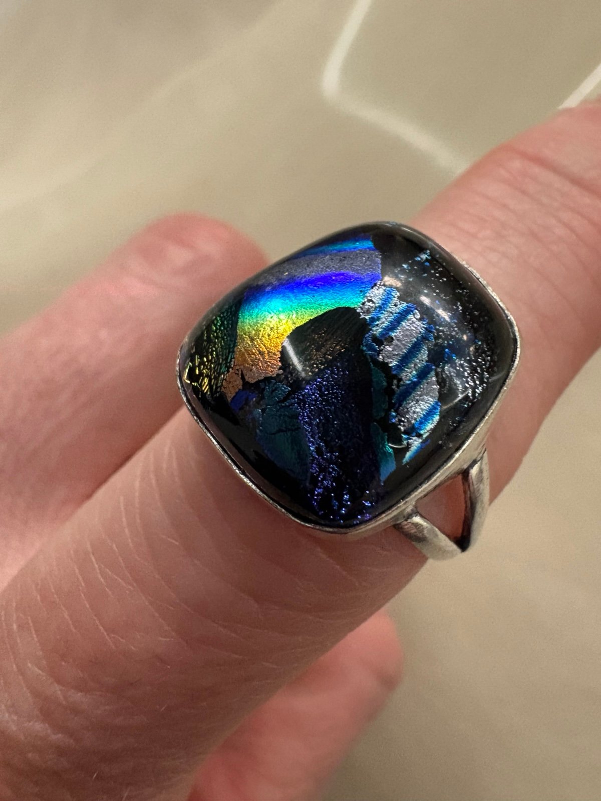 Sterling Silver dichroic glass ring 7.5