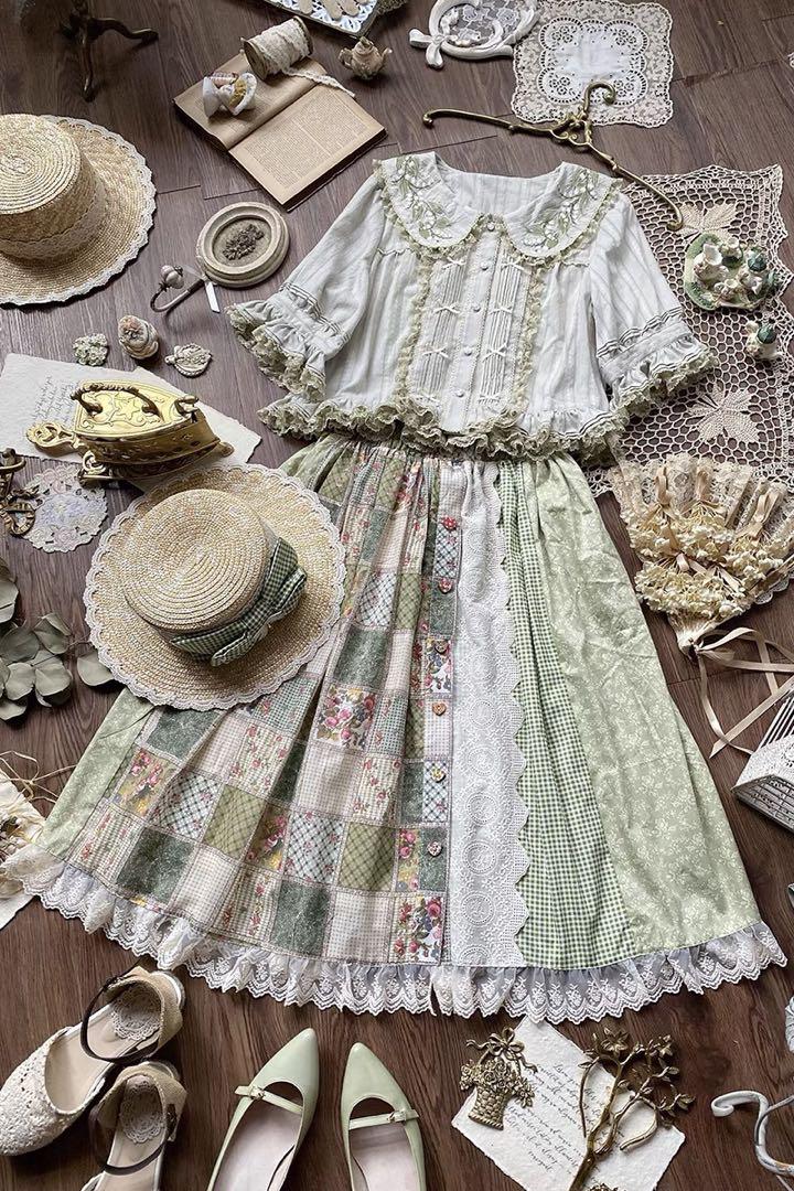 Forest Girl Style Cotton Blouse Retro Skirt Set