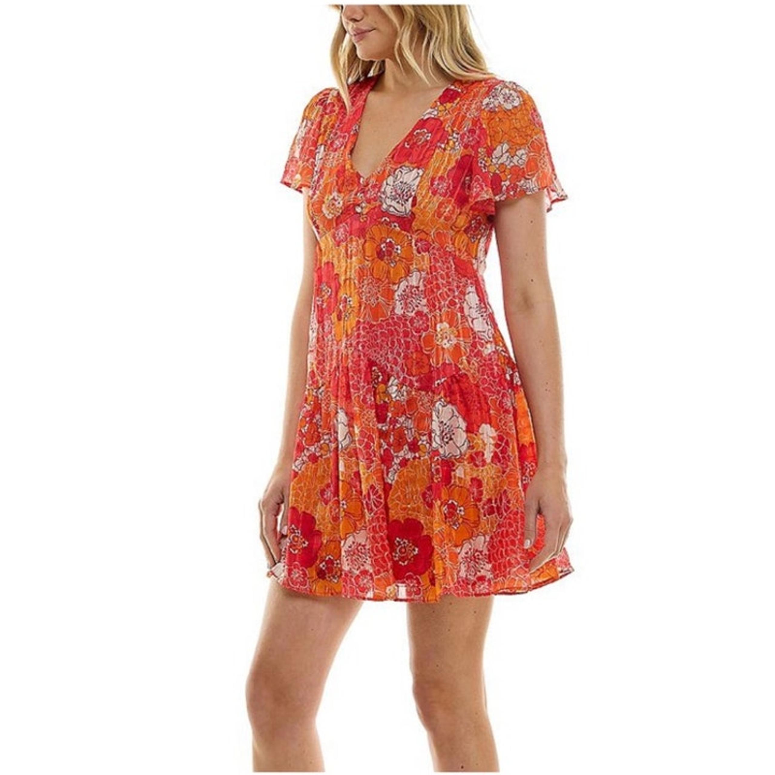 Taylor Orange Red Floral Chiffon Flutter Sleeve Mini Dress Metallic Thread Sz 6