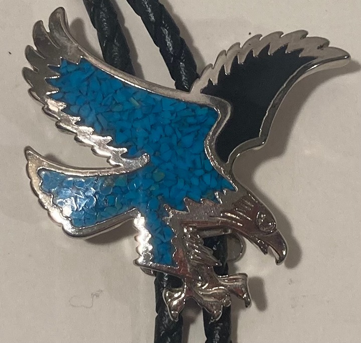 Vintage Metal Bolo Tie, Nice Silver and Blue Crushed Turquoise Stones, American